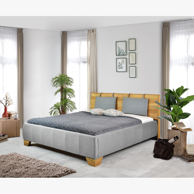 Látková postel v šedé barvě s dřevěným čelem , Postele- 6