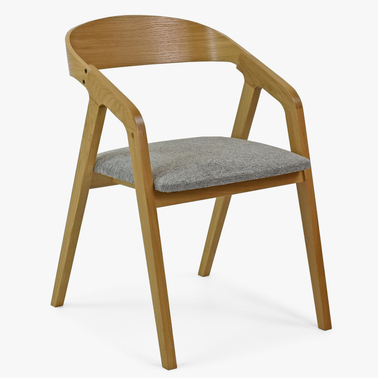 Zaoblená dubová židle s šedým čalouněním , Jídelní židle- 1