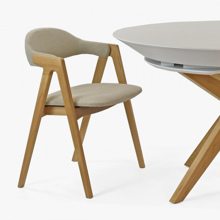 Moderní zaoblená židle dub, s béžovým čalouněním , Jídelní židle- 7