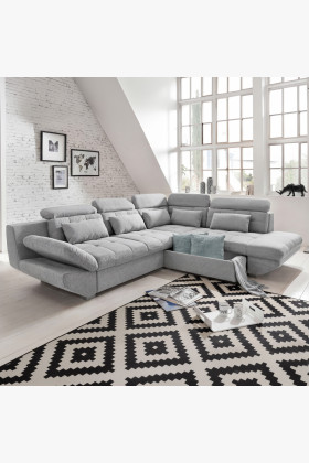 Rohová sedací souprava  šedá – roh v pravo s funkcí spaní a úložným prostorem