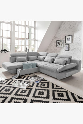 Rohová sedací souprava  šedá – roh v levo s funkcí spaní a úložným prostorem