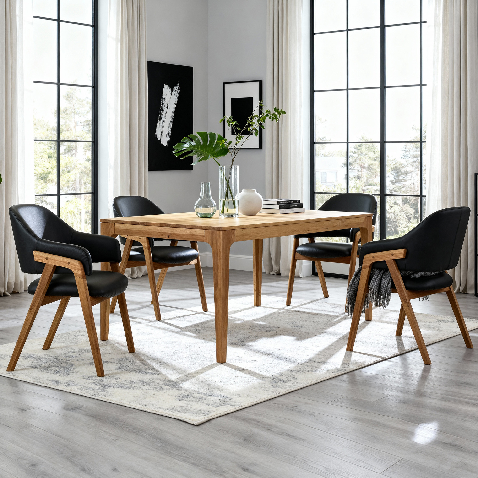 Kombination aus Holztisch und Lederstühlen