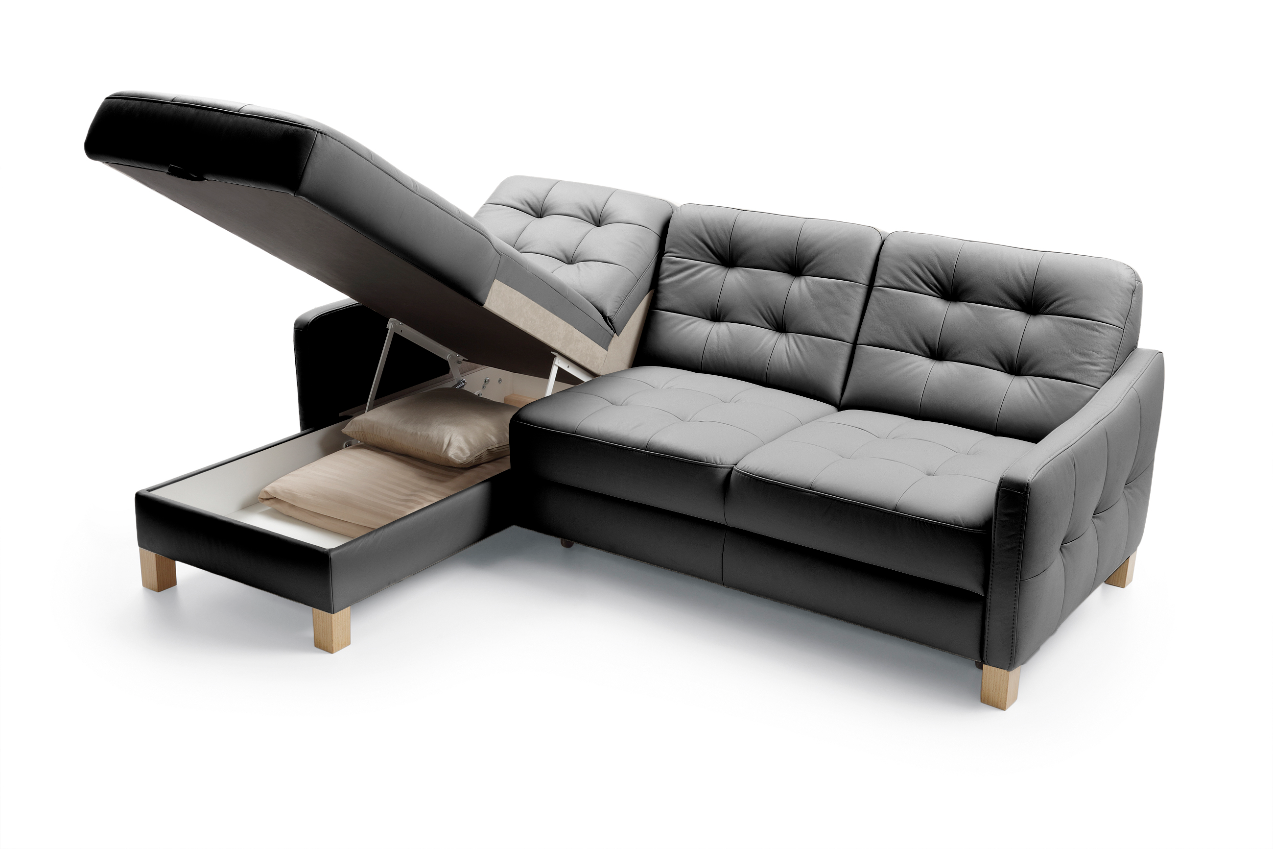 Schwarzes Eckledersofa, Schlaf- und Stauraumfunktion, Ecke links