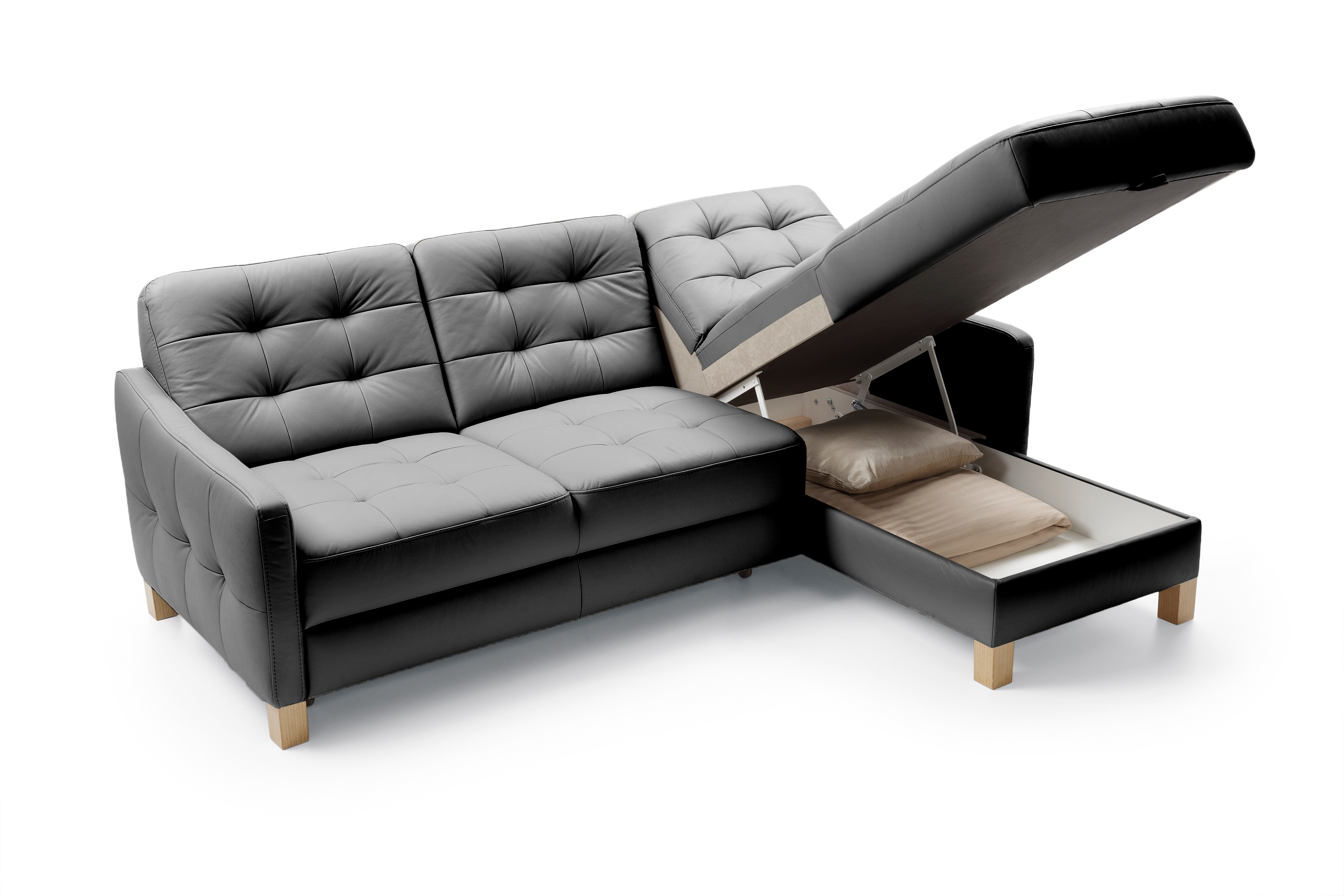 Leder Ecksofa schwarz, Schlaf- und Stauraumfunktion Ecke rechts