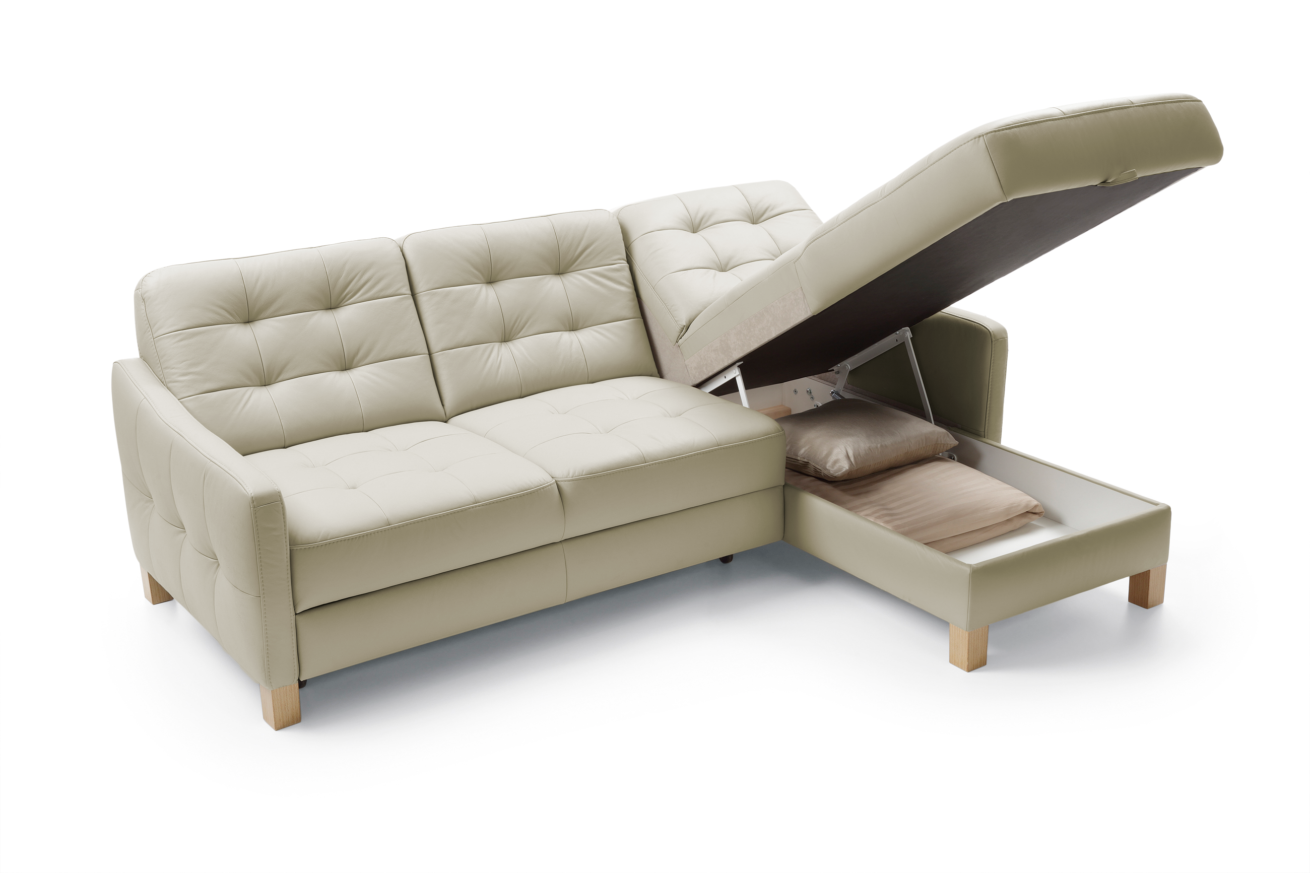 Eckledersofa sandfarben, Schlaf- und Stauraumfunktion, Ecke rechts