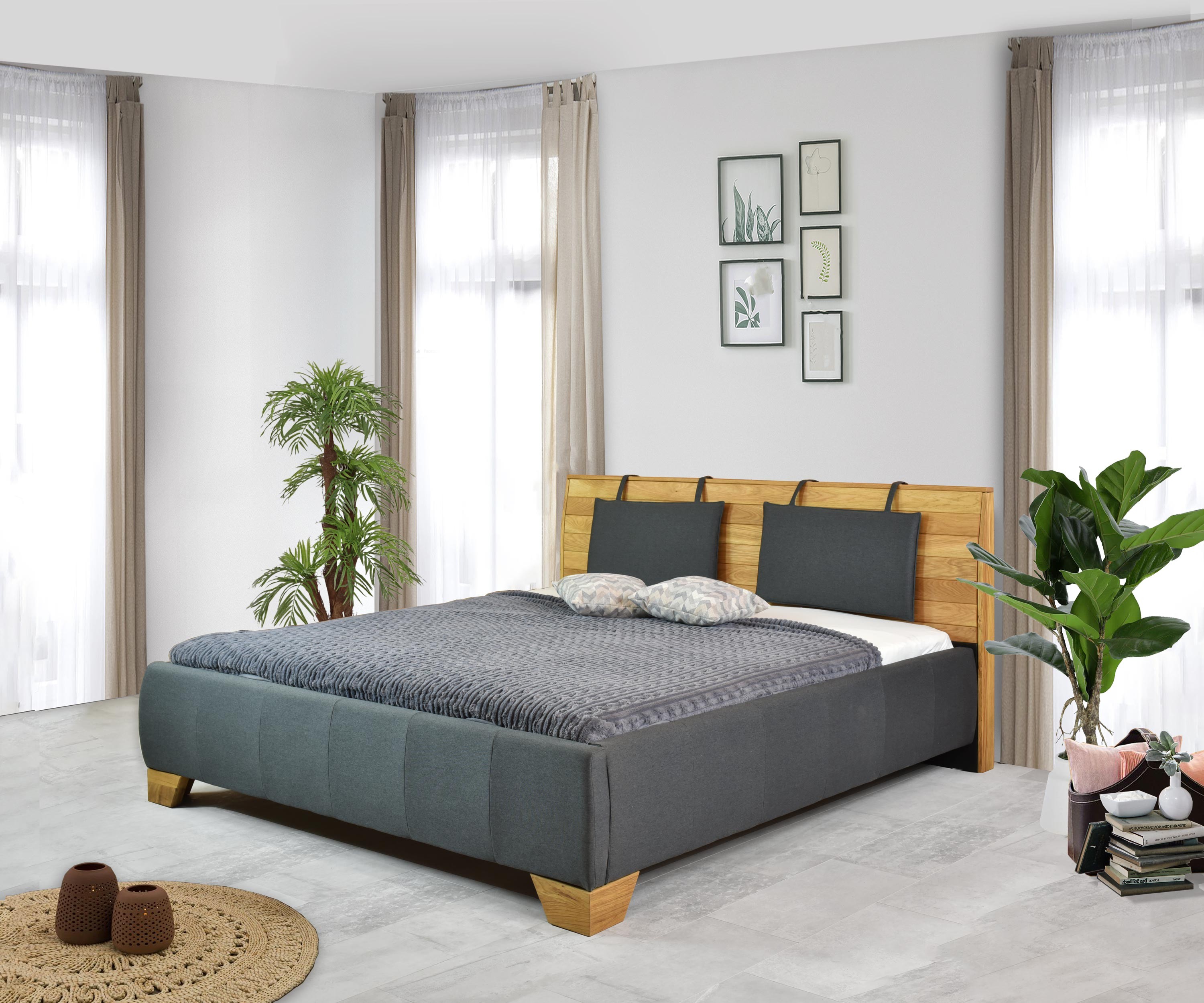 Látková postel v tmavé barvě s dřevěným čelem 180 x 200 cm
