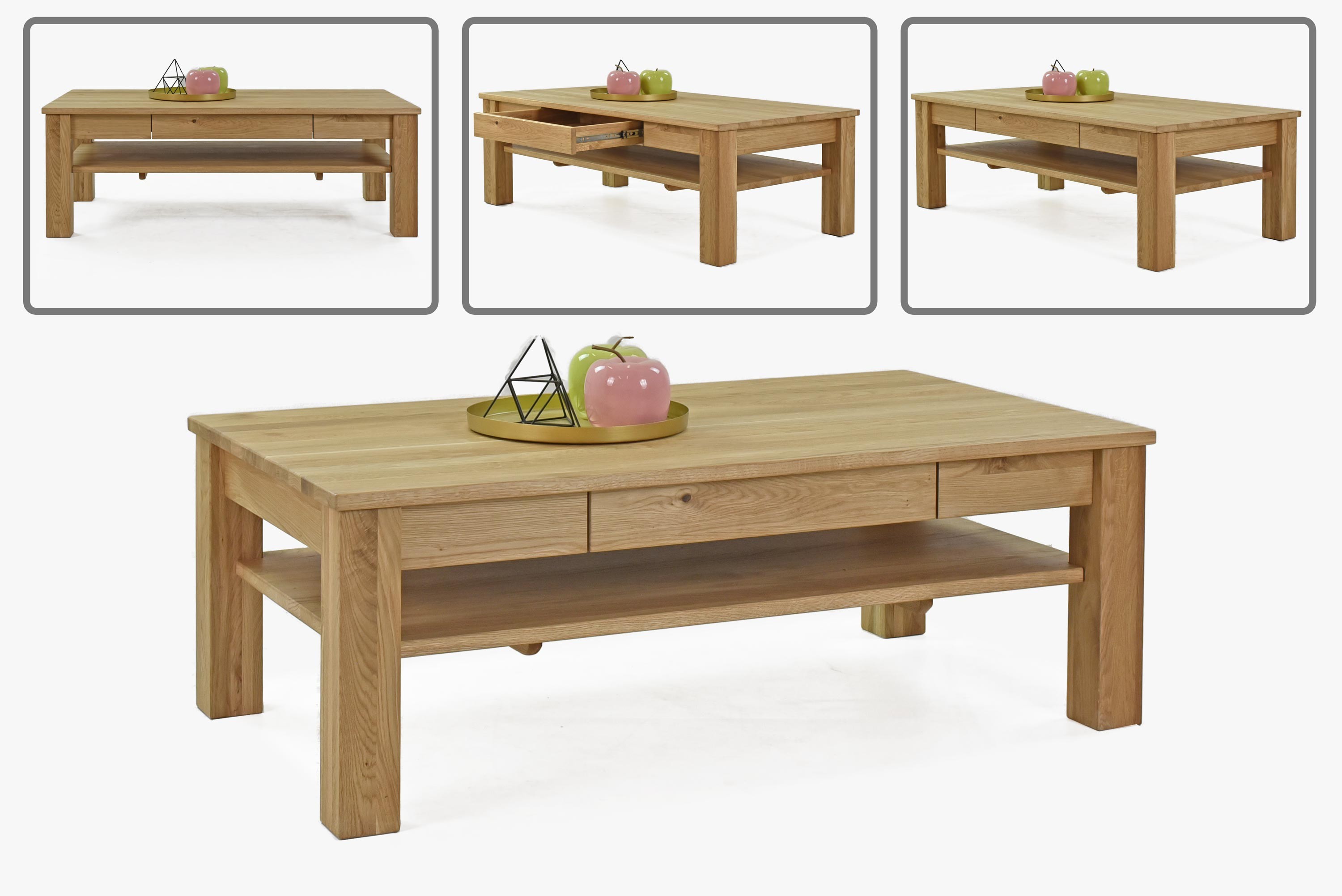 Dubový konferenčný stolík z masívu vrátane políc a zásuvkou, model Wankel