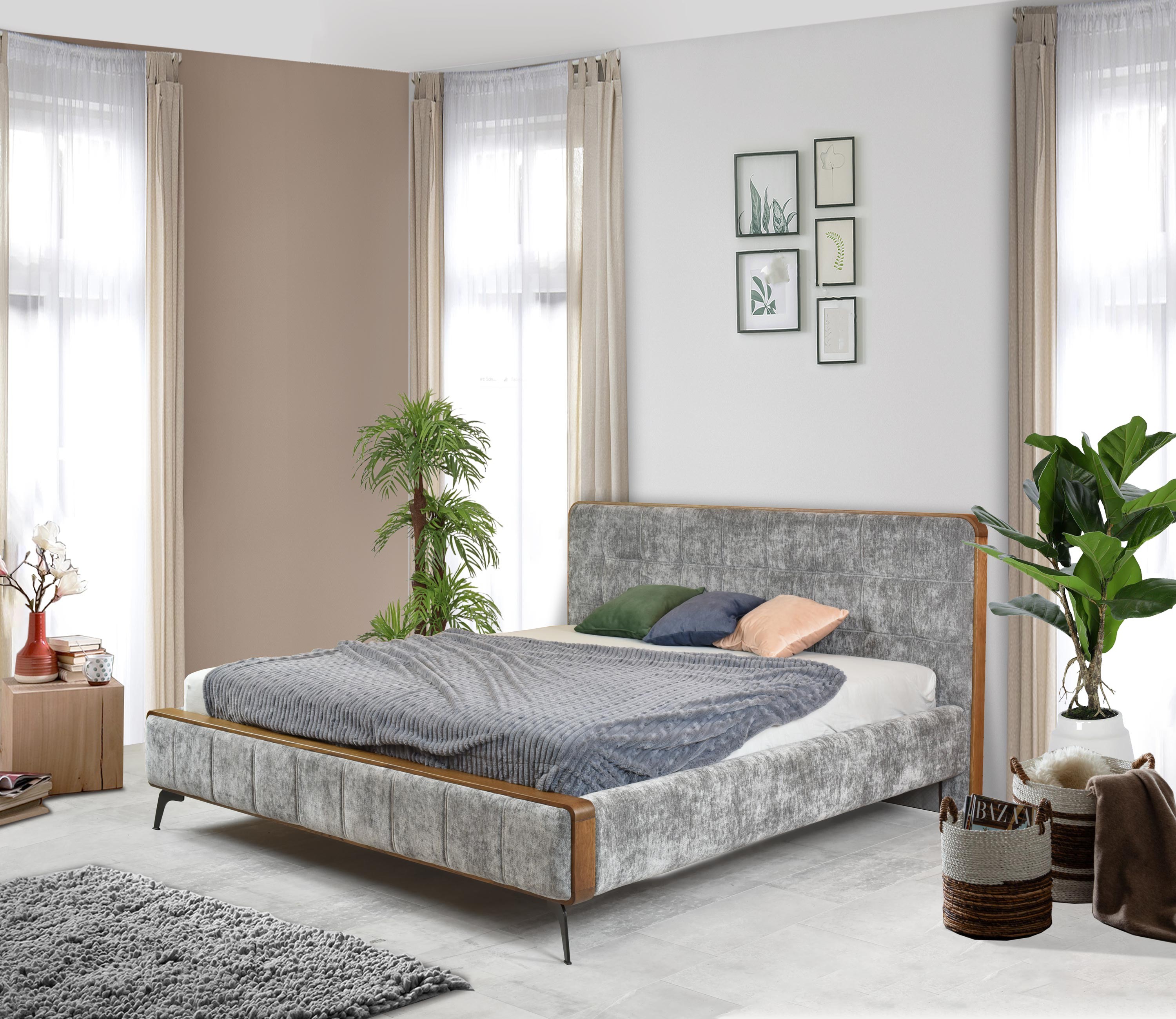 Látková manželská postel v šedé barvě na nožičkách 180 x 200