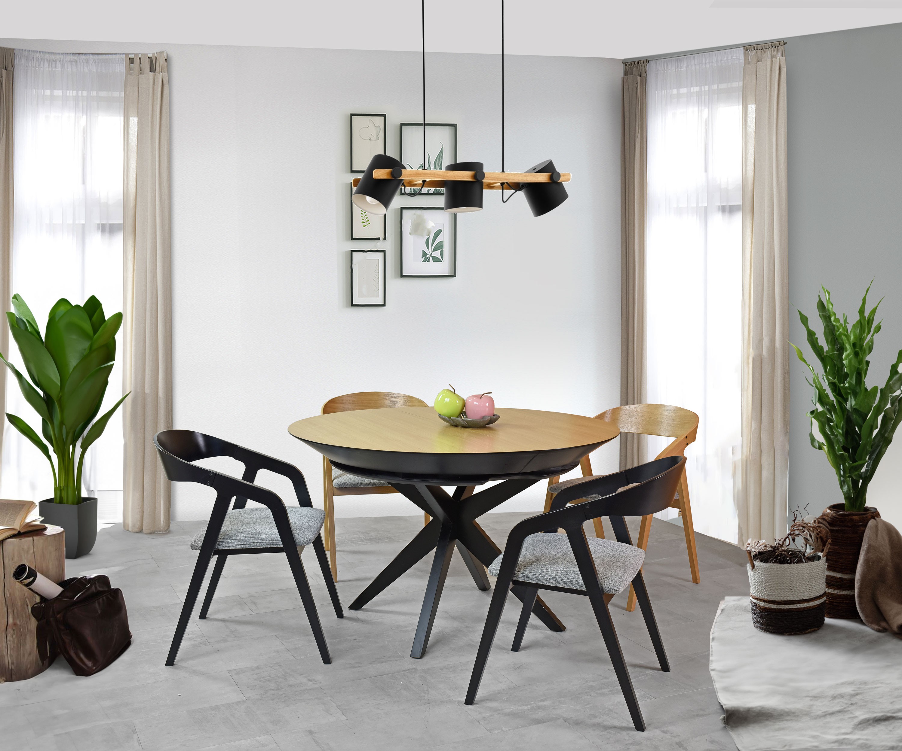 Guľatý jedálenský stôl - rozkladacie čierne nohy a doska dubová dyha