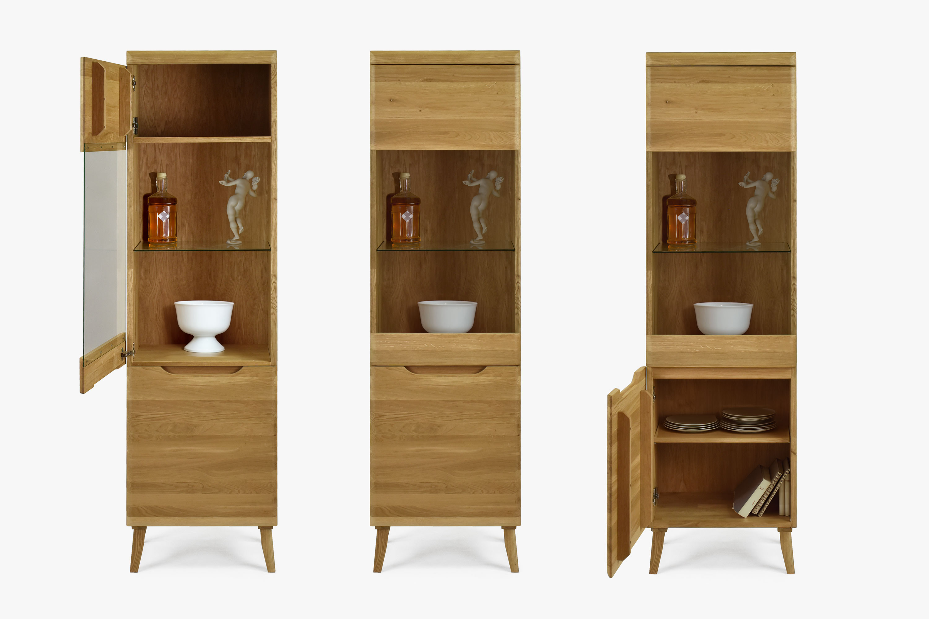 Magas tölgyfa vitrin Praha skandináv stílusban 53 x 197 cm