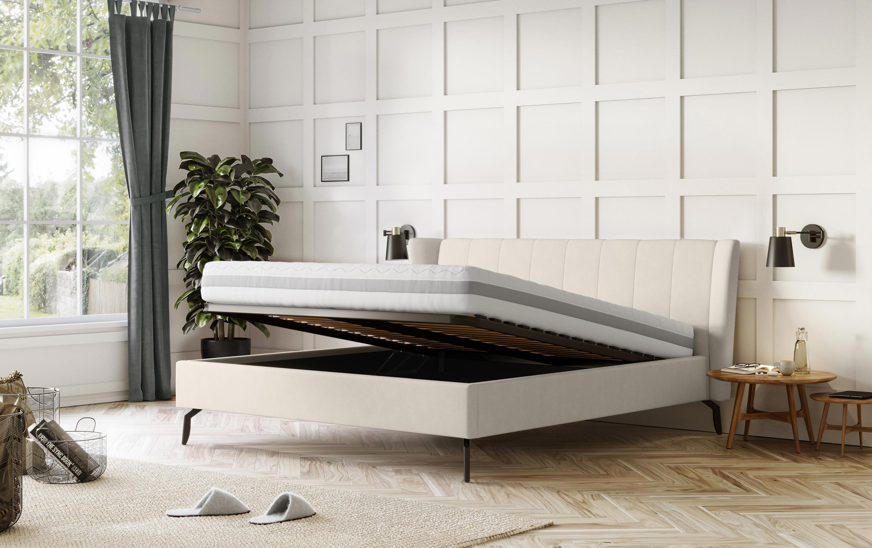 Kárpitozott, tárolóval ellátott ágy bézs színben, 180 x 200 cm