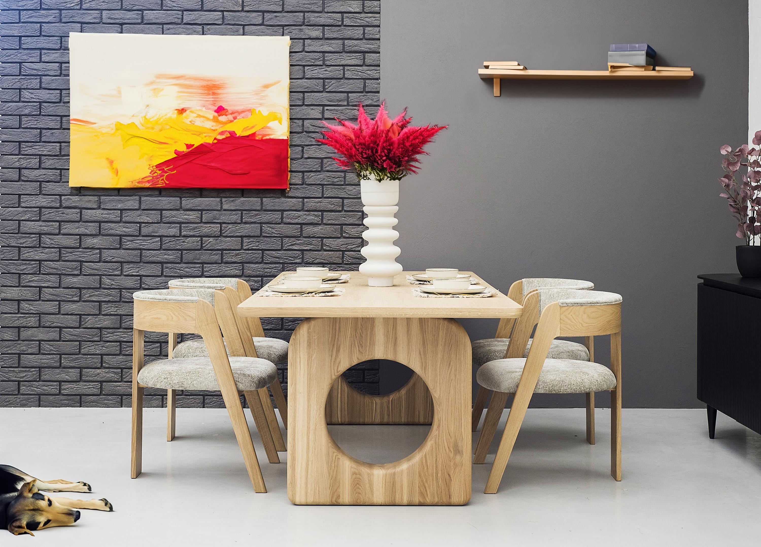 Luxuriöser Eichenstuhl mit graubeigem Stoff, Modell Miami