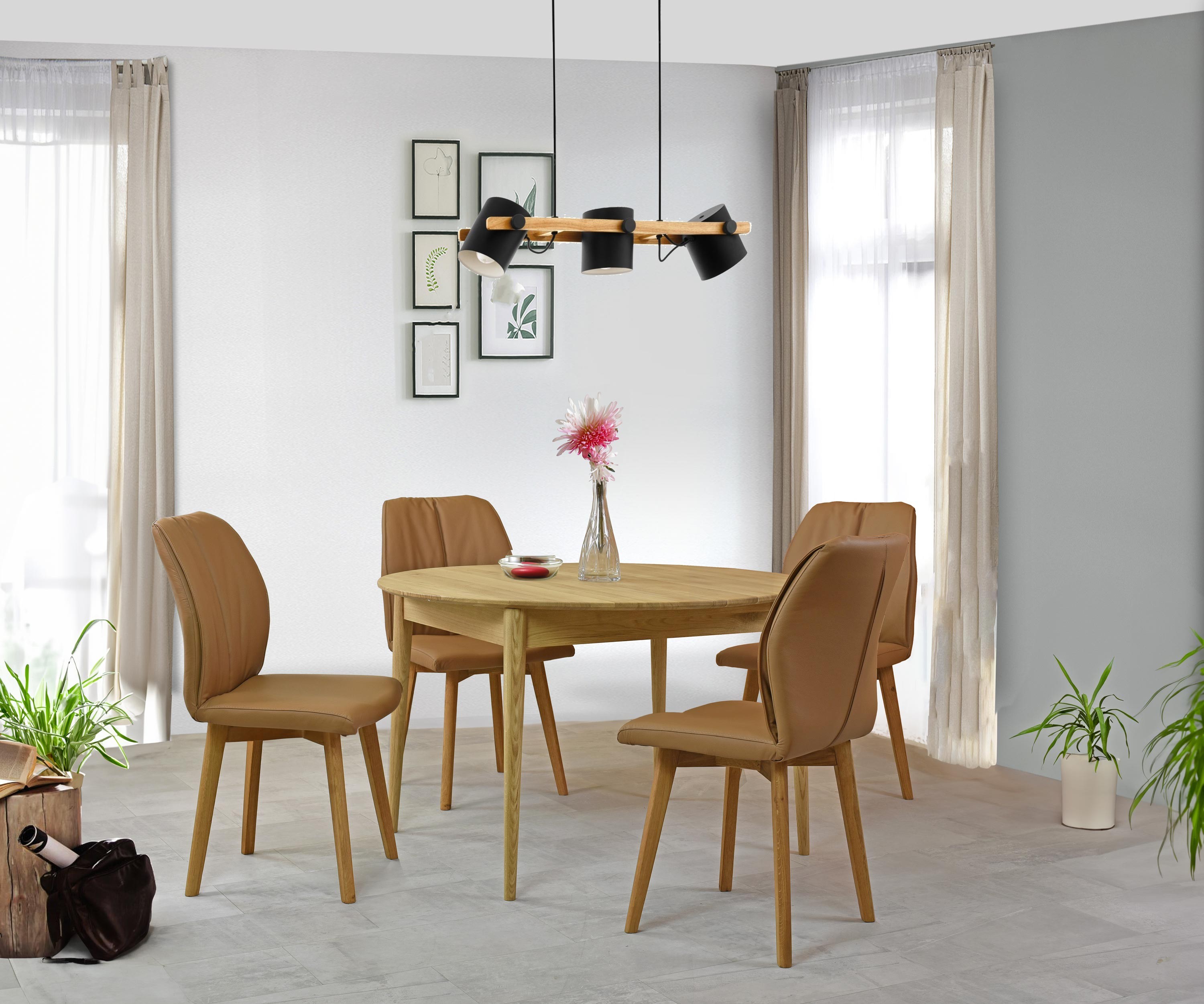 Leder-Esszimmerstuhl mit Eichebeinen - Lederfarbe Braun ( camel )