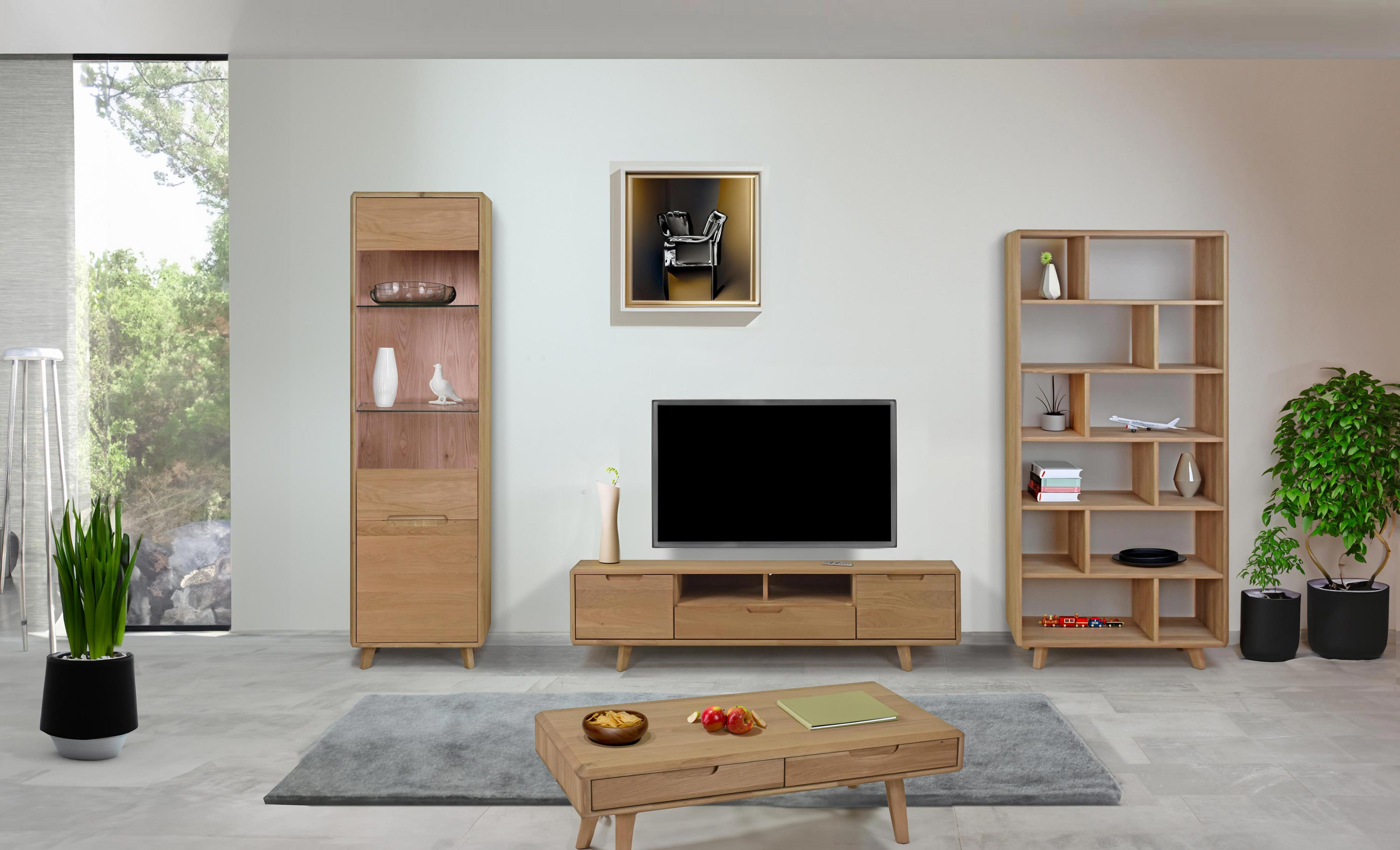 Masívna dubová obývacia stena, dub biely