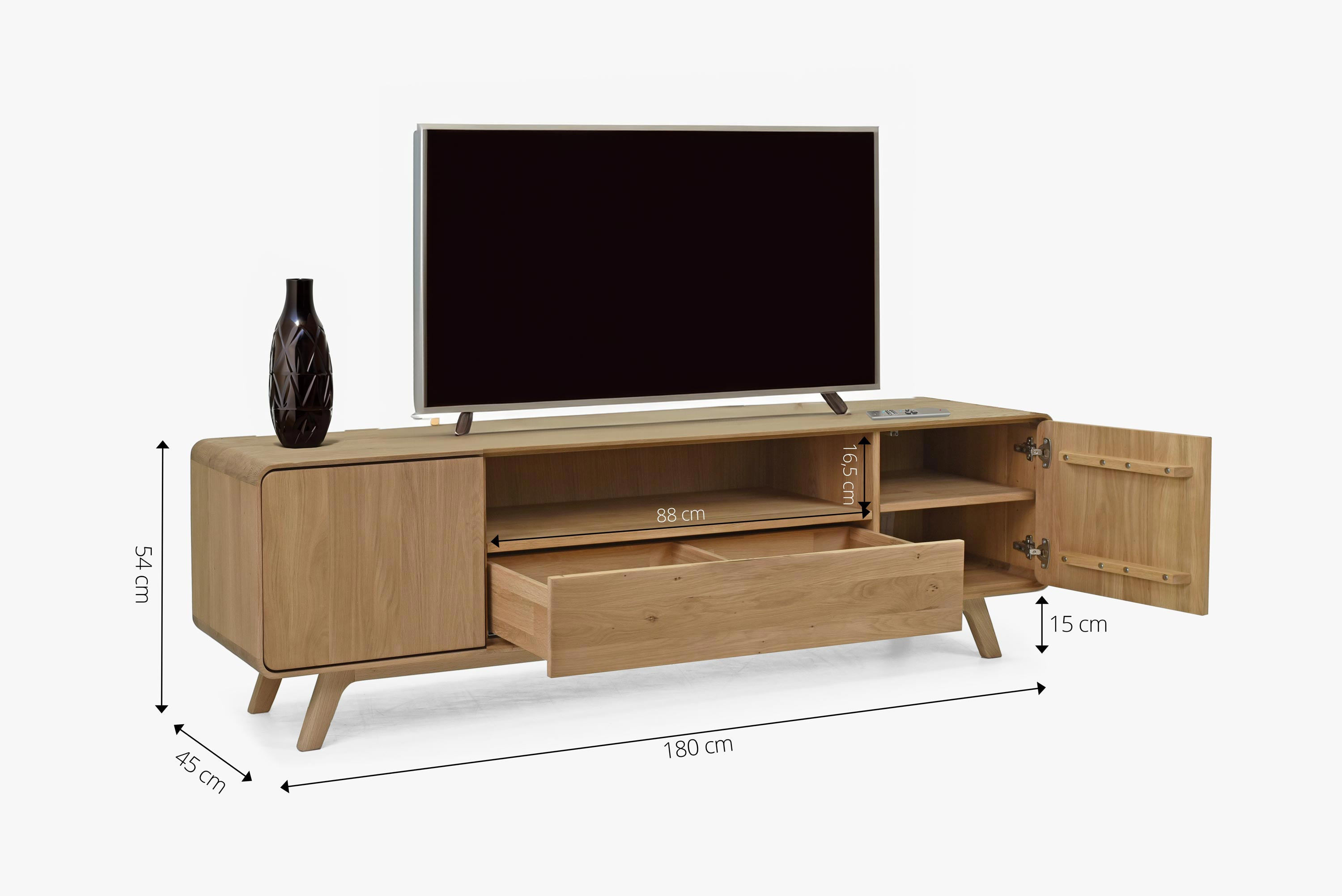 Holzfernsehkommode, weißer Eiche auf Füßen – abgerundet