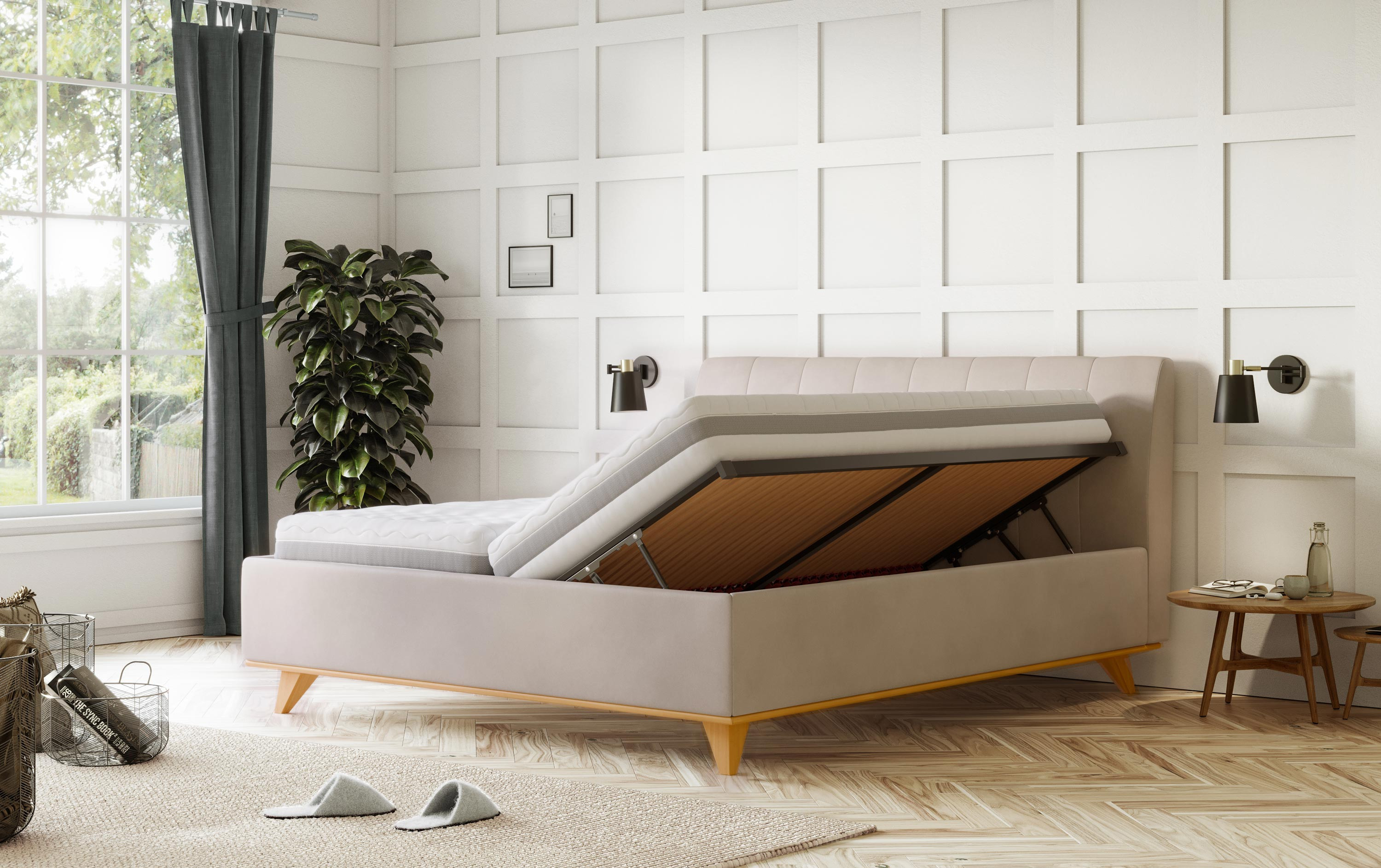 Čaluněná postel s úložným prostorem béžova, 180 x 200 cm