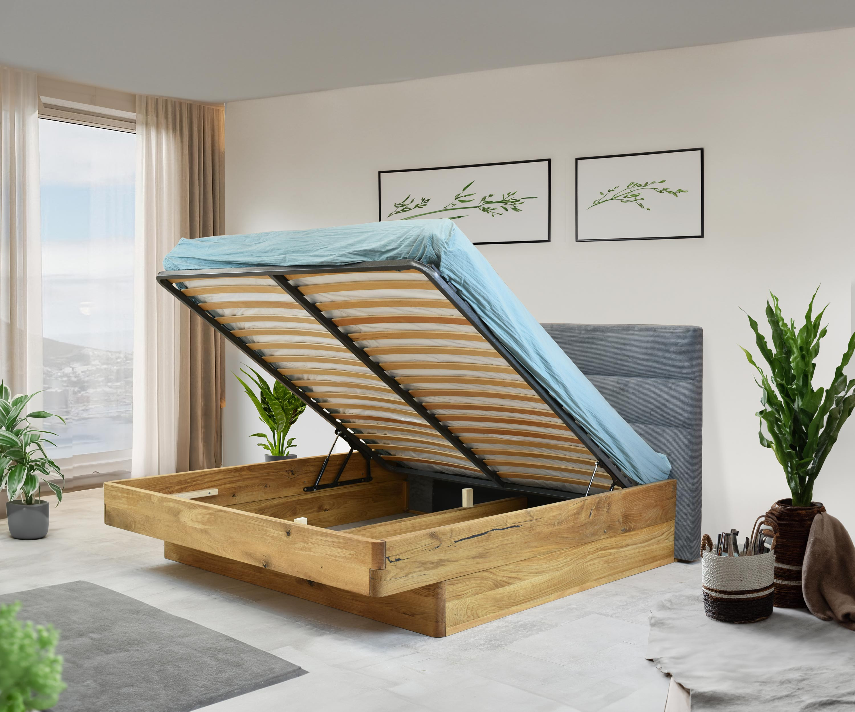 Dřevěná postel vyrobena z dubového dřeva s úložným prostorem 180 x 200 cm