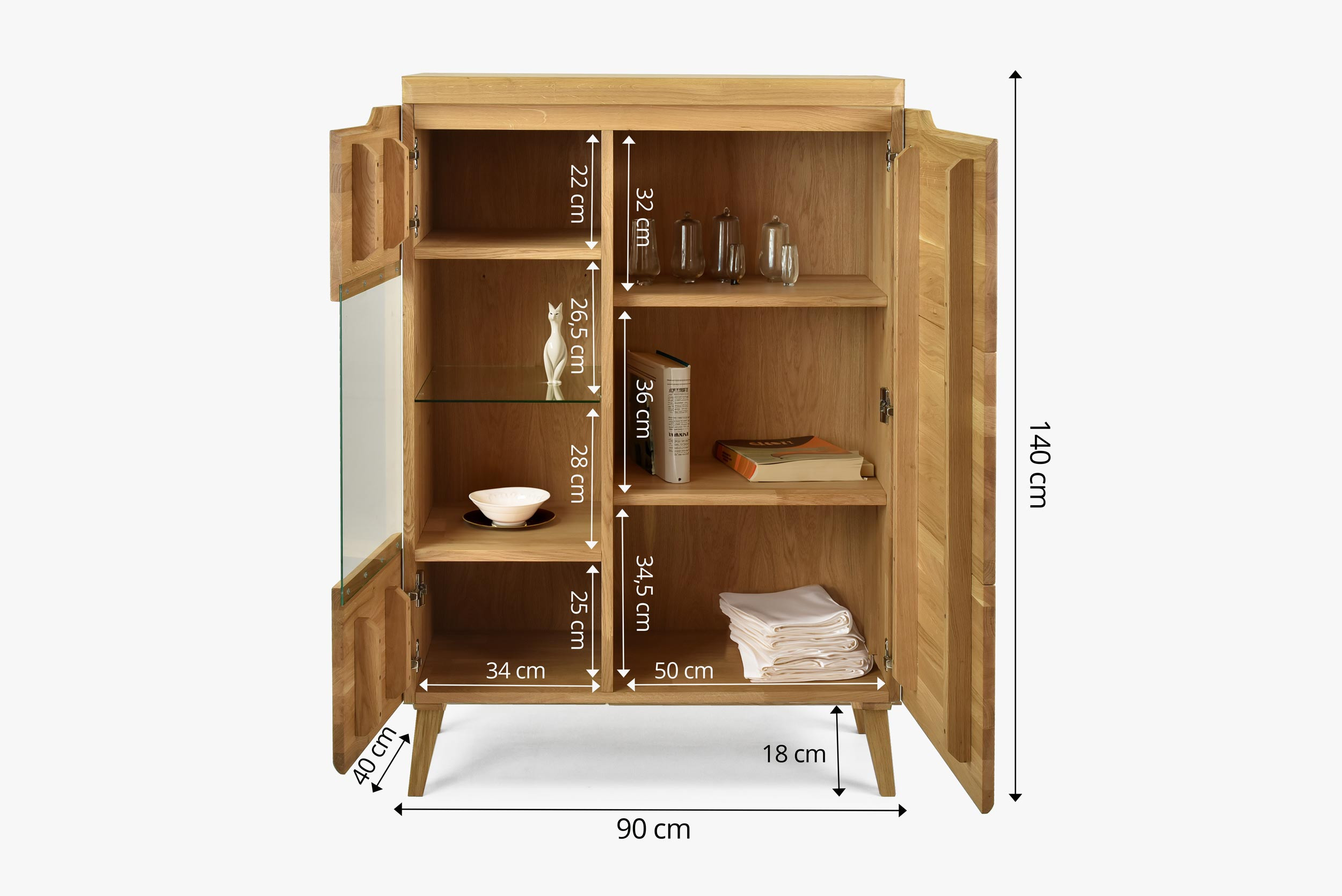 Alacsony tölgy vitrines szekrény Praha skandináv dizájnban 90 cm