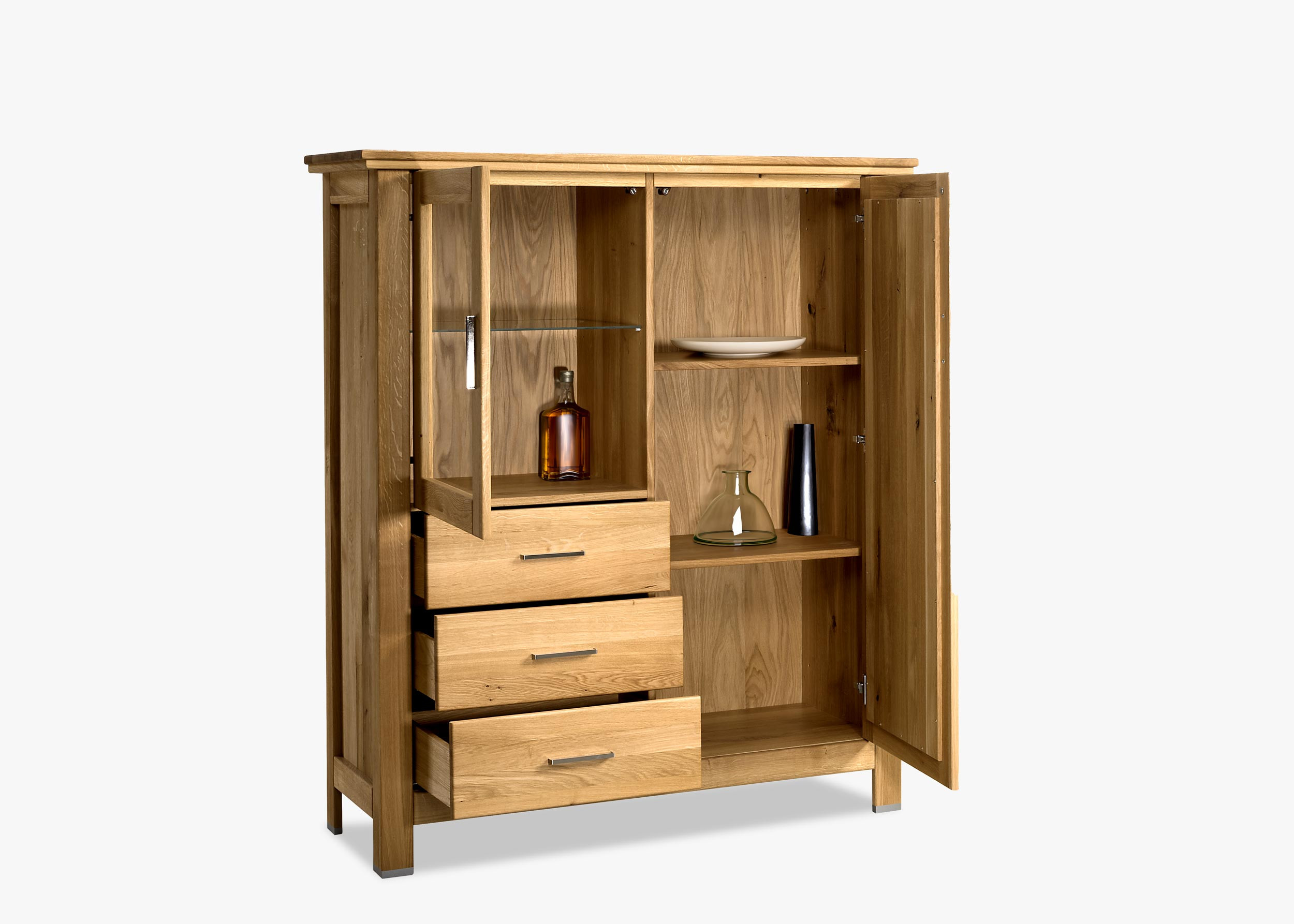 Massivholz Eiche Kommode mit Glas für das Wohnzimmer