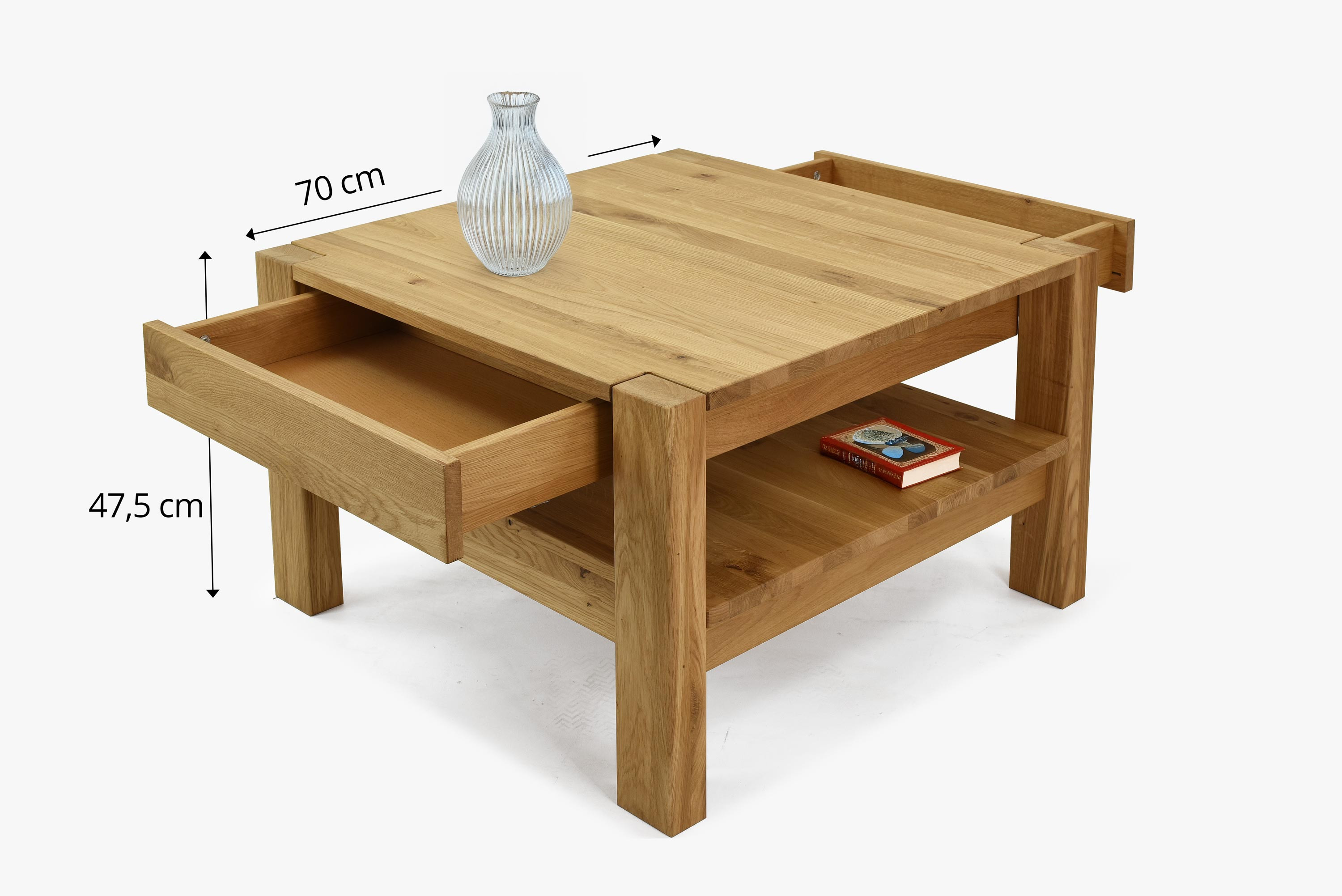 Massivholz Eichen-Couchtisch mit Ablage Panama 70 x 70 cm