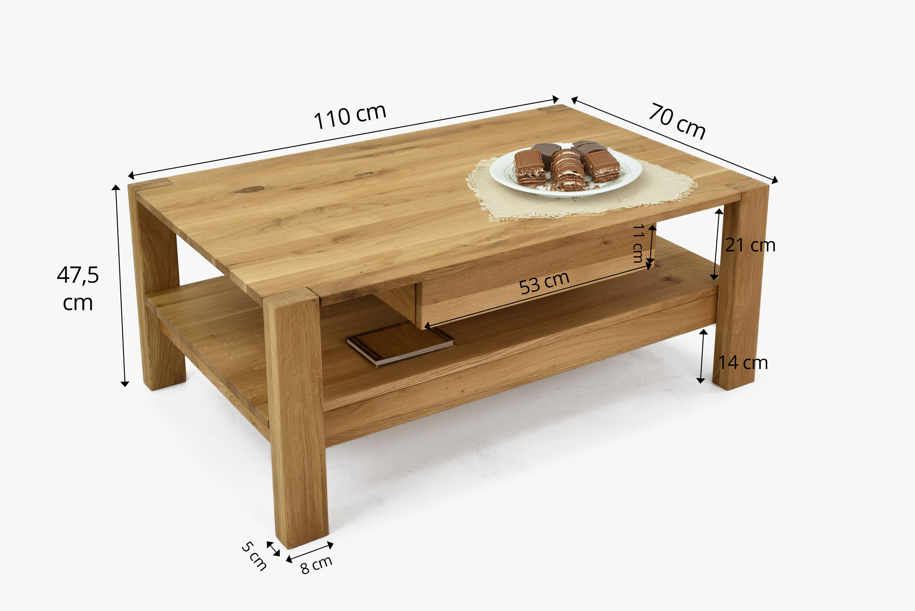 Massiver Eichenholz-Couchtisch mit Ablage Panama