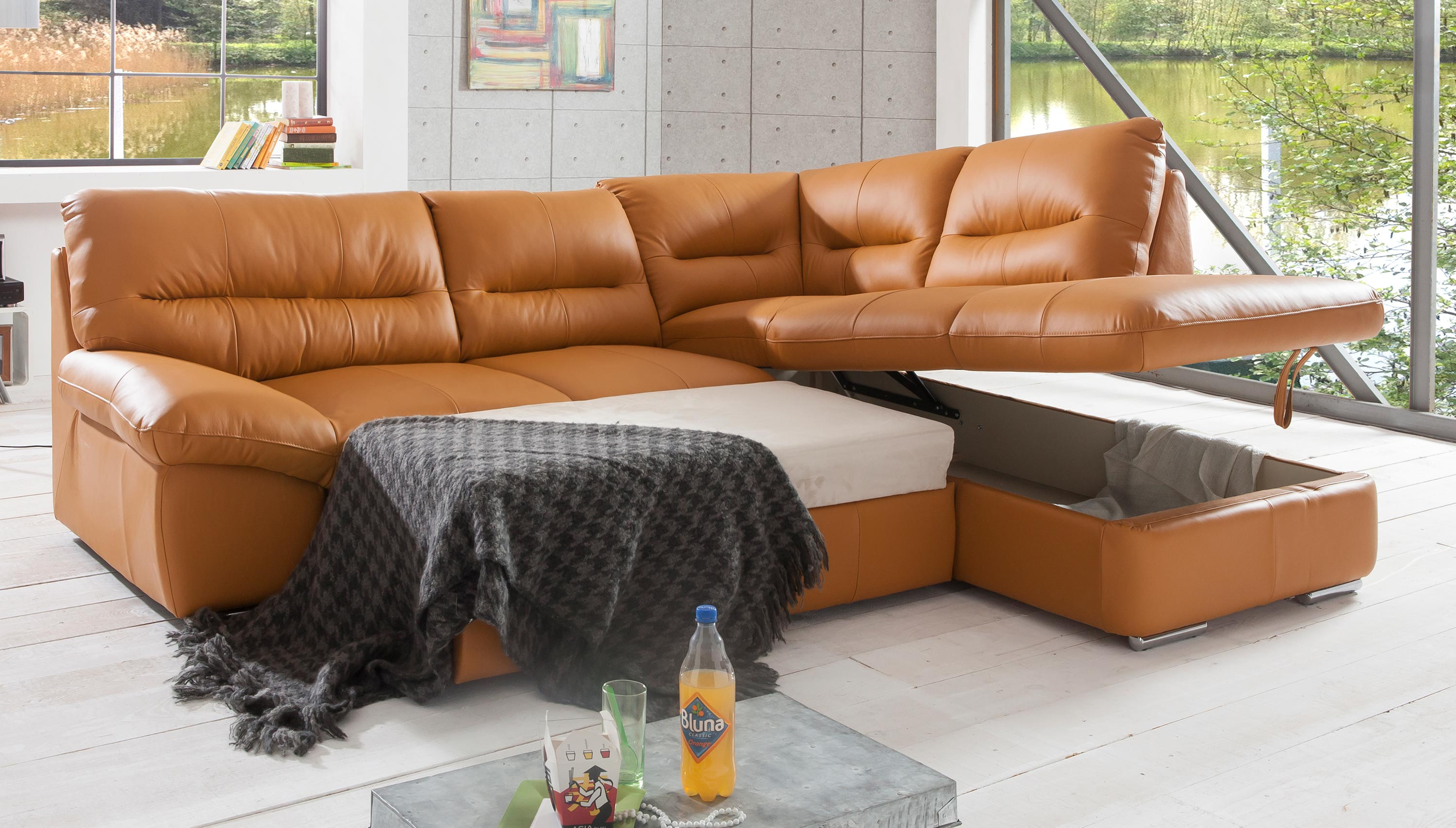 Ecksofa - echtes Leder orange, William, Schlaf- und Stauraumfunktion