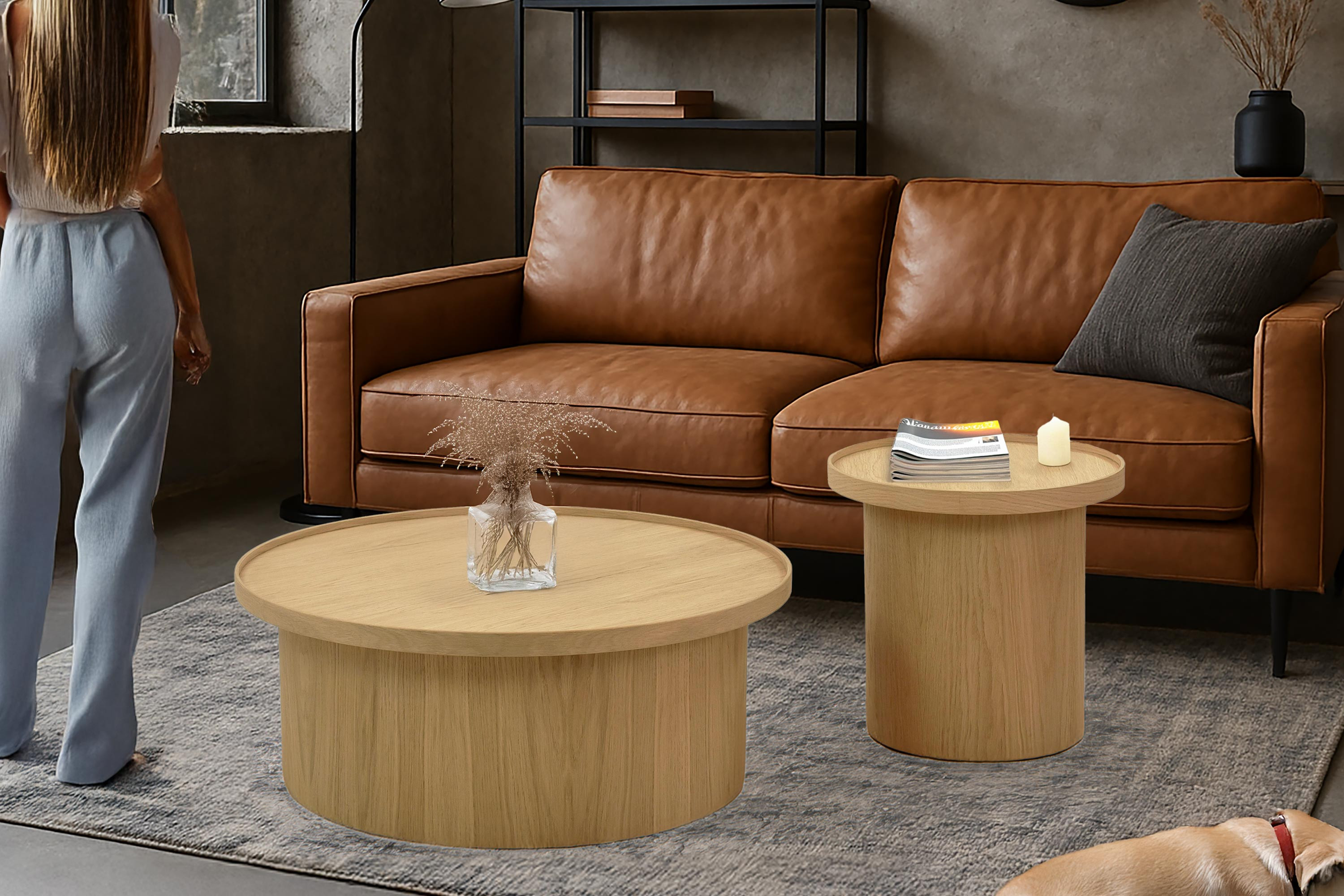 Eichen-Couchtisch Eiche Weiß, Ø 80 ​​cm Zylinderform