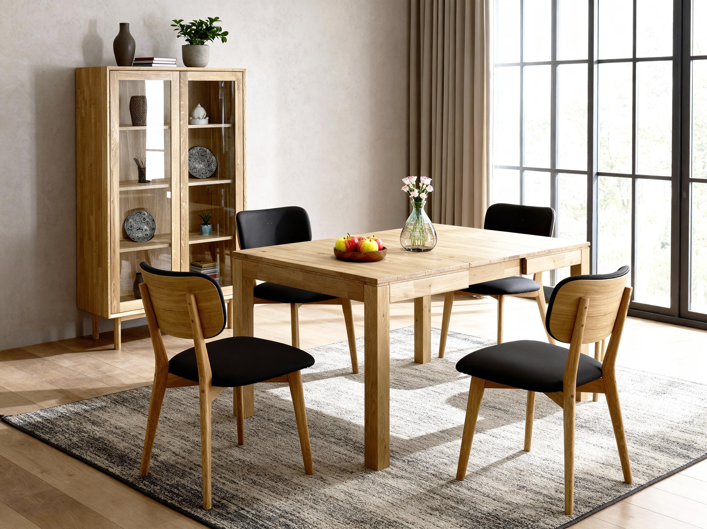 Súprava rozkladací stôl dub 120 x 80 a 4 kožené stoličky v čiernej farbe