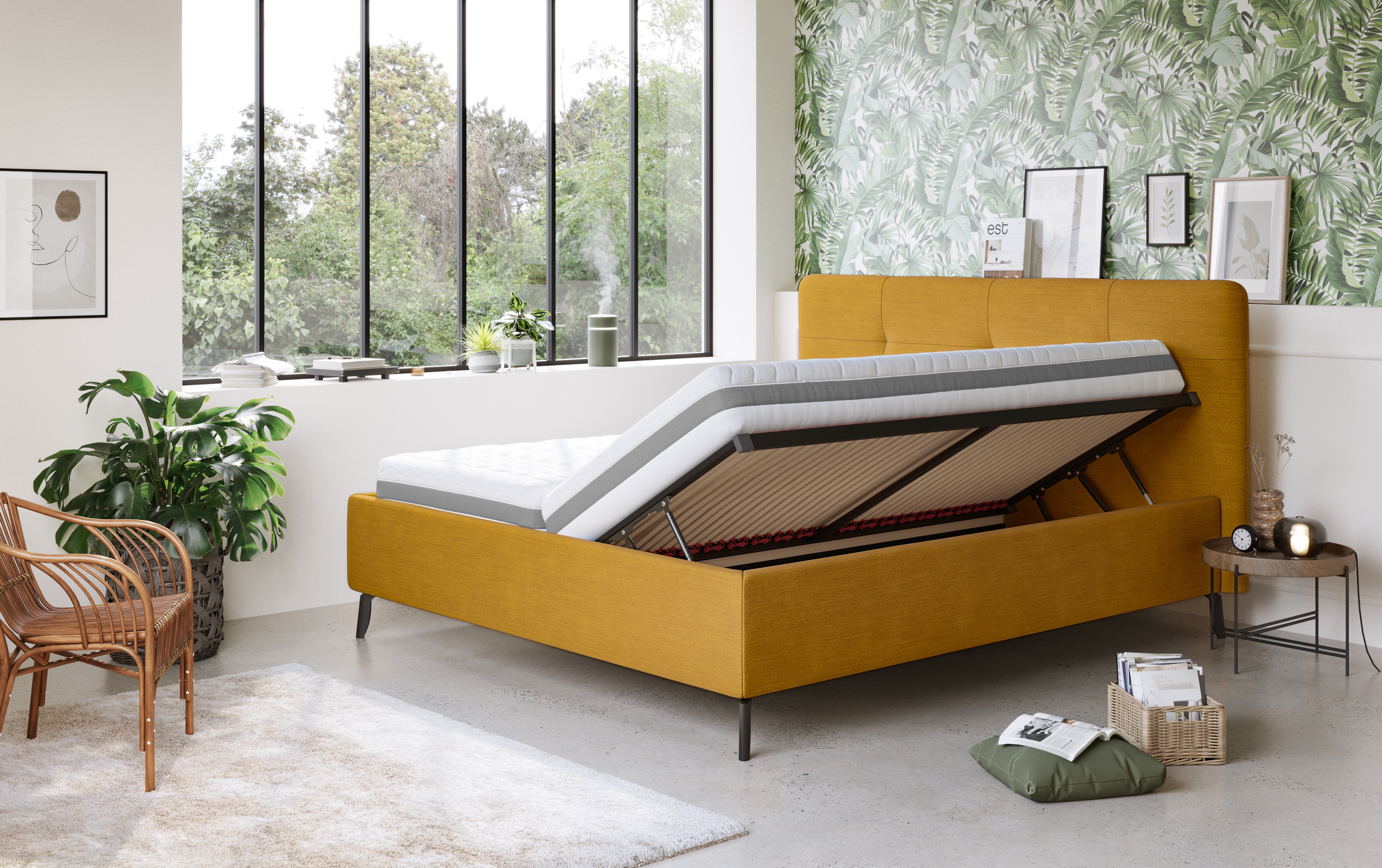 Polsterbett mit Stauraum gelb, 180 x 200 cm