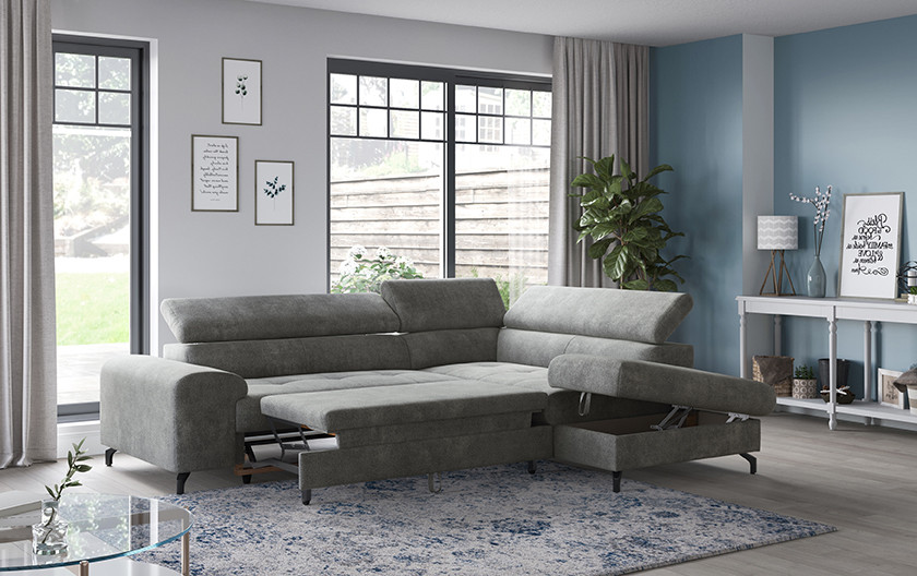 Rohová pohovka s úložným prostorem a funkcí spaní