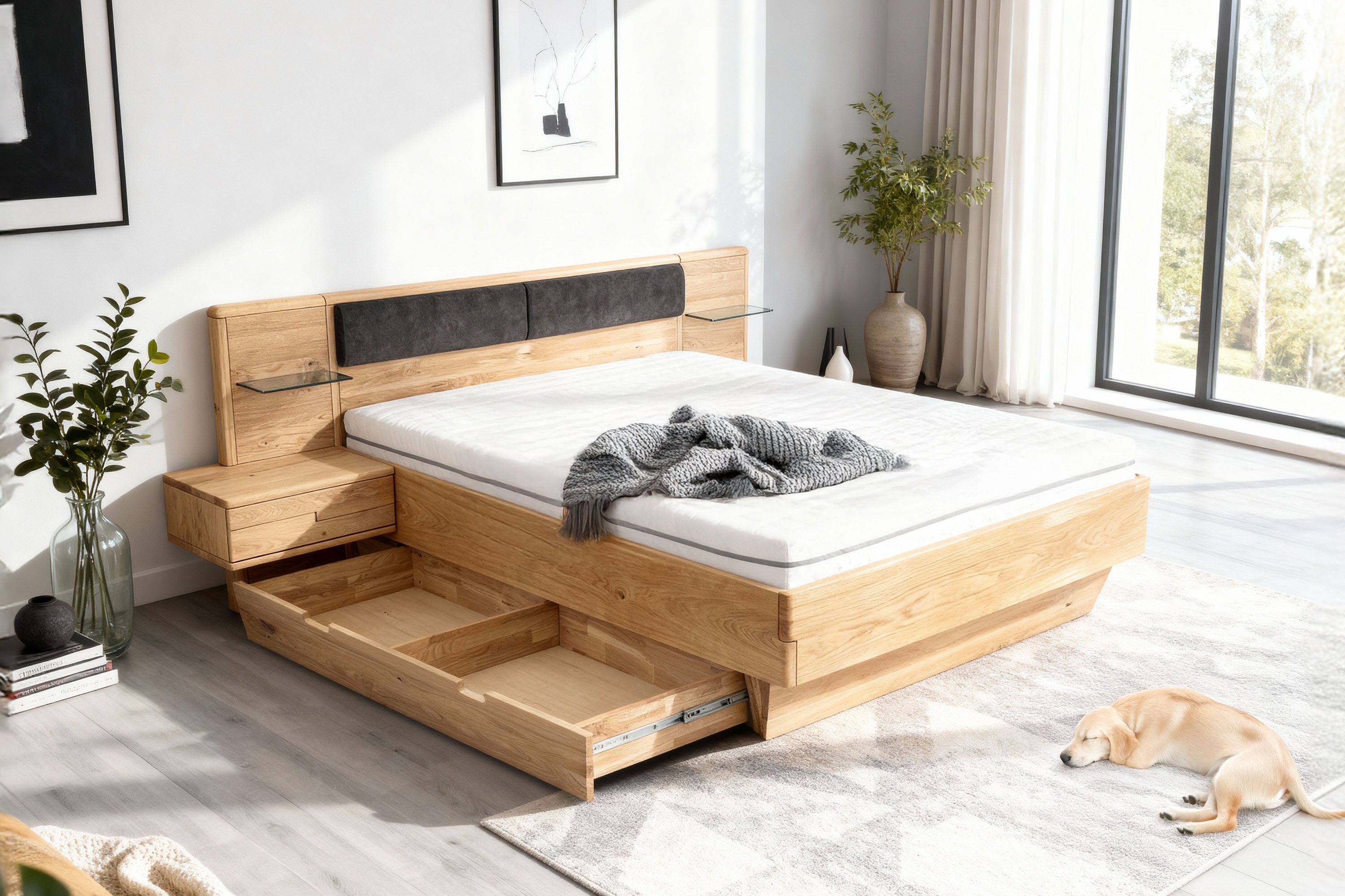 Tölgyfa ágy éjjeliszekrényekkel és tárolóhellyel, Toledo C