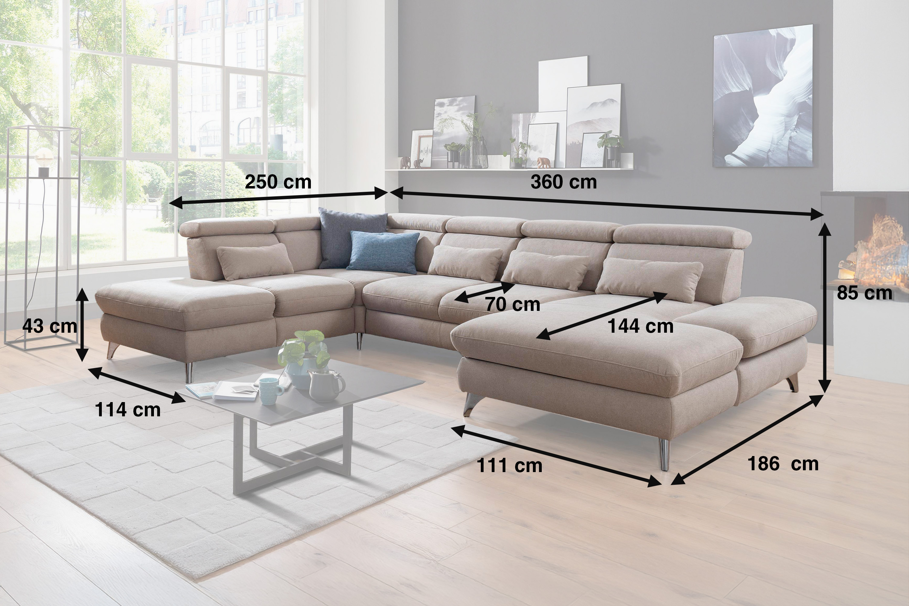 Sedací souprava ve tvaru písmene U s možností funkcí, béžová