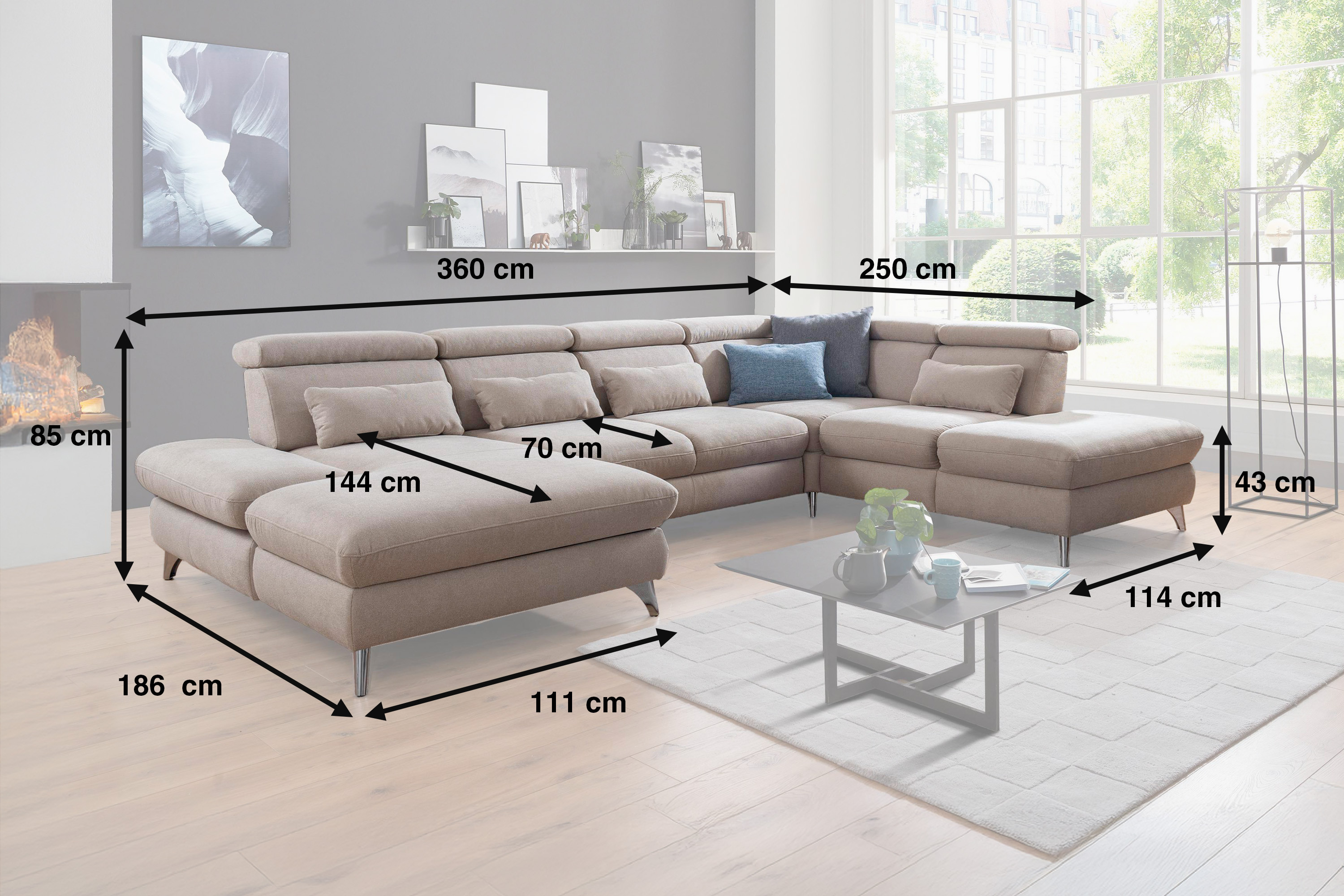 Sedací souprava ve tvaru písmene U s možností funkcí, béžová