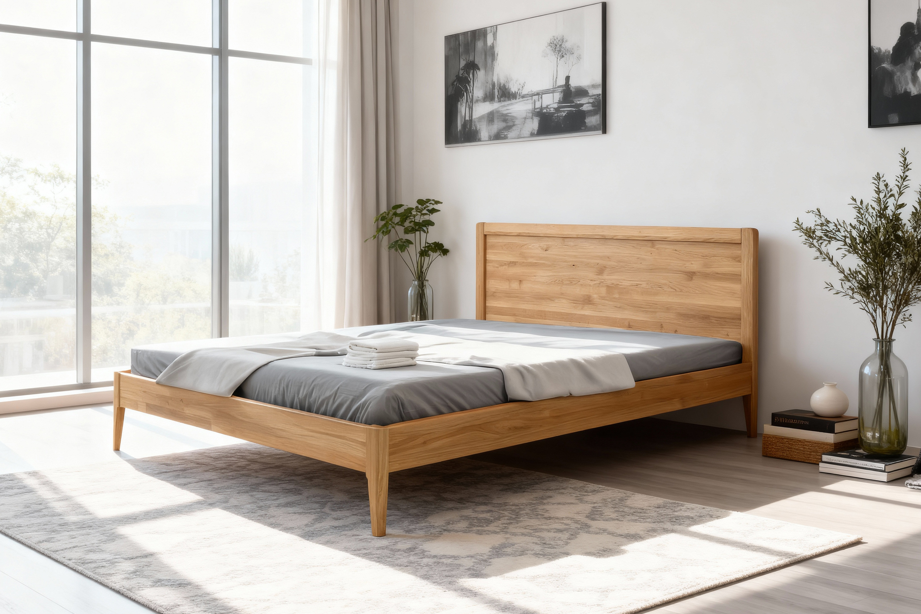 Kétszemélyes tölgyfa lábú ágy, Praha modell