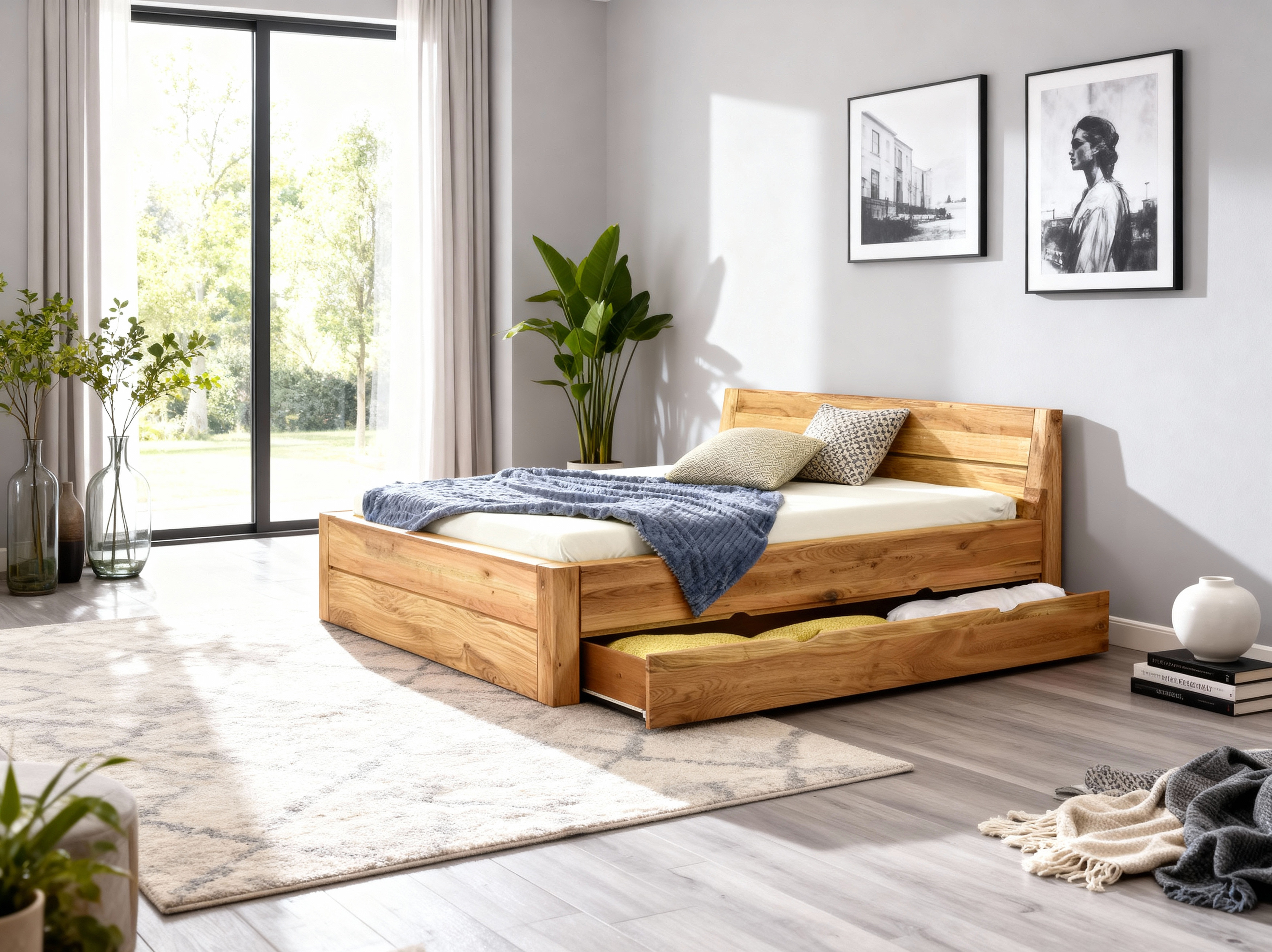 Posteľ z masívu s úložným priestorom, Julia - dub