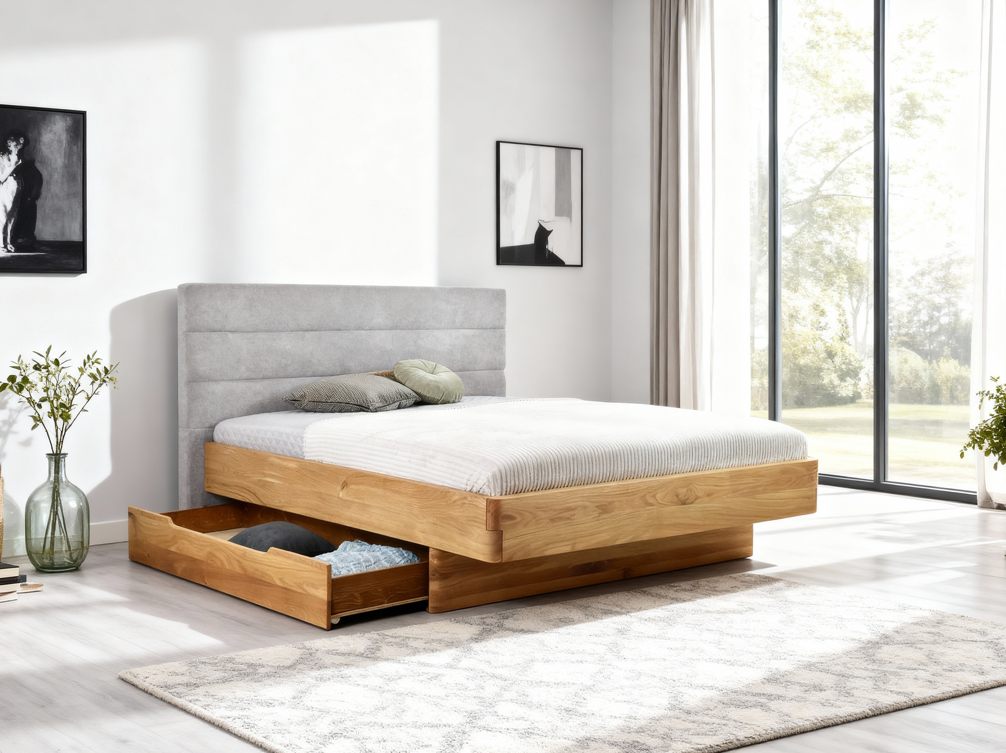 Ehebett aus Eiche mit gepolstertem Kopfteil, Dominika