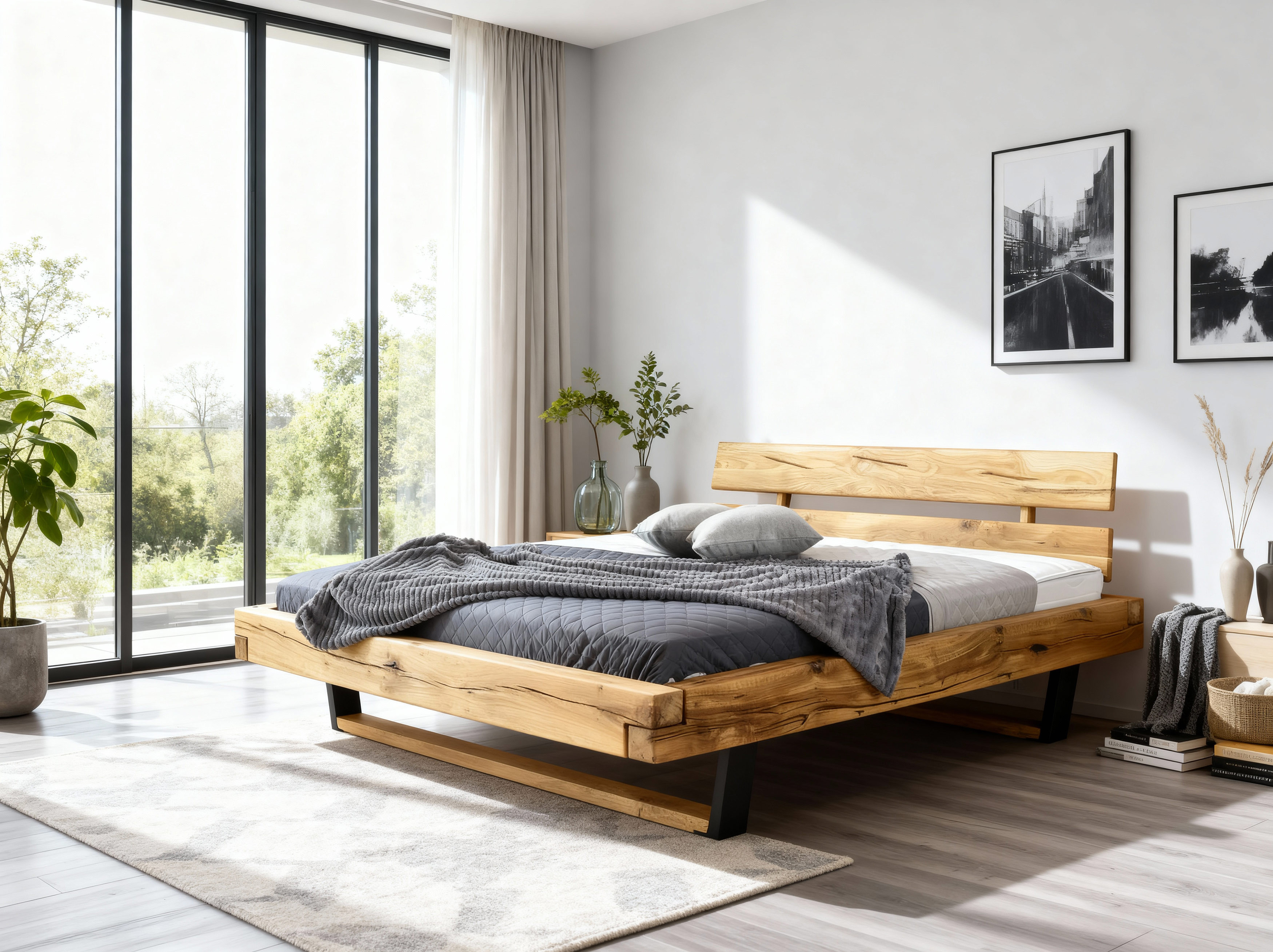 Modernes Bett aus massivem Eichenholz - Metallfüße, Laura Holz-Kopfteil