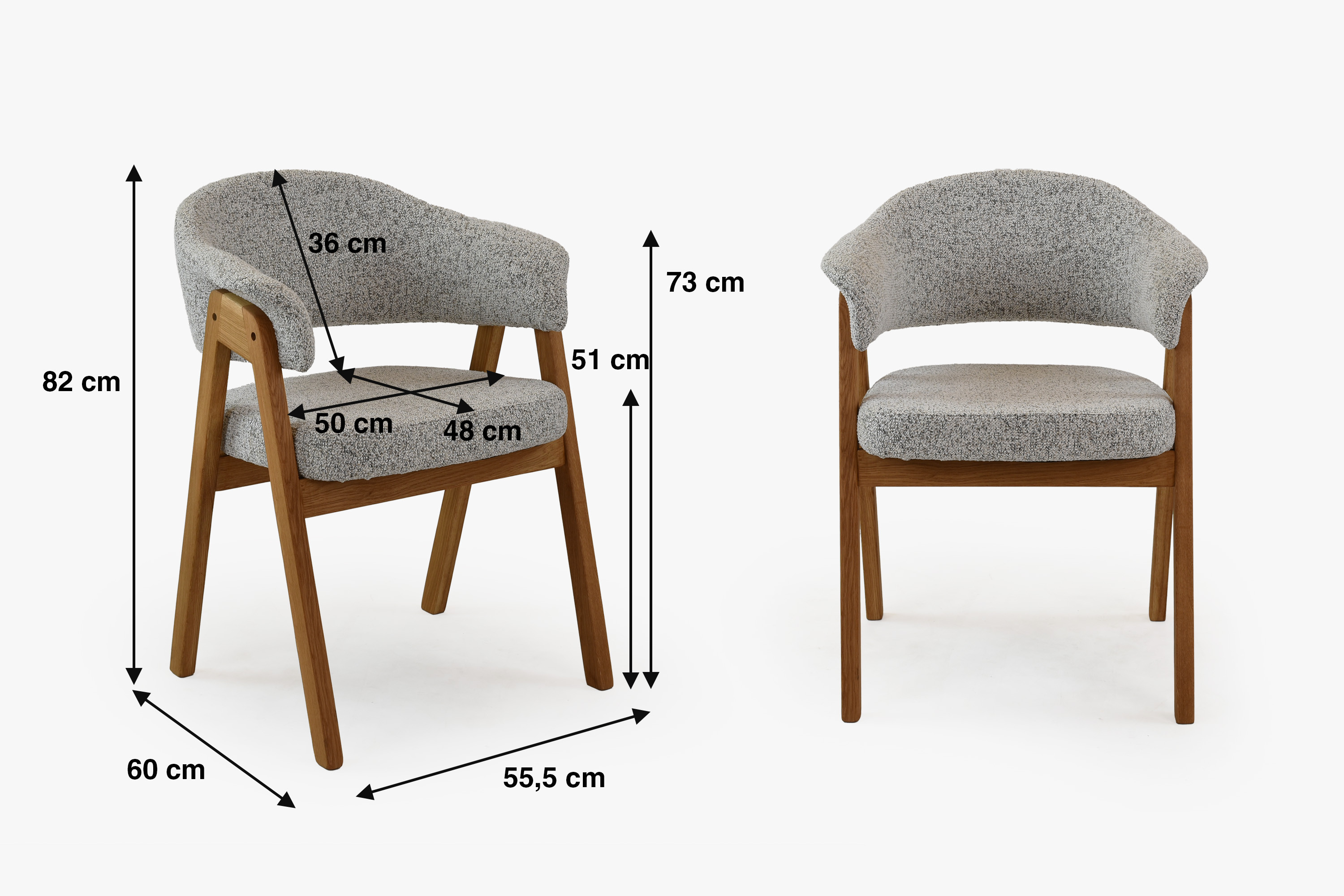 Rozmery dubovej stoličky s područkami v sivom prevedení – technický nákres