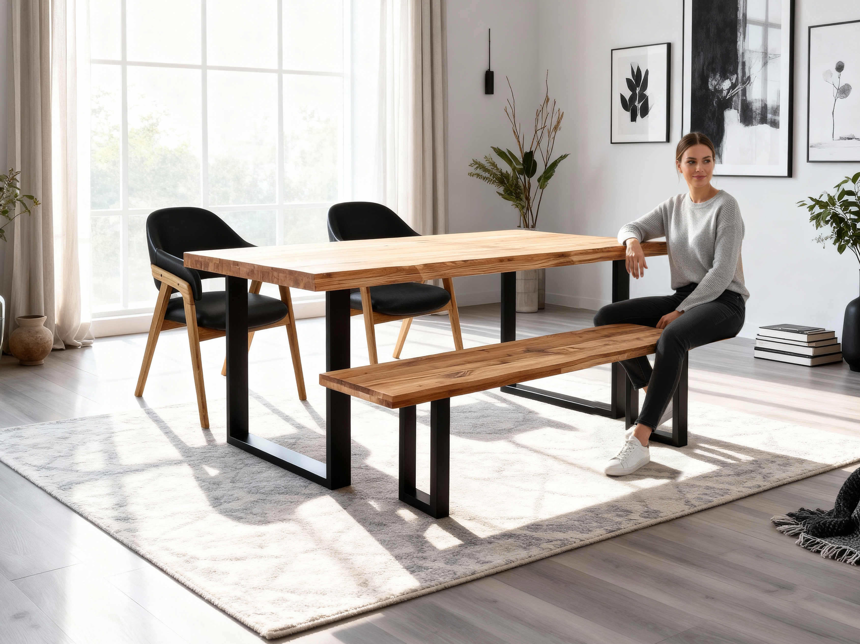 Massive Holzbank Eiche ohne Lehne mit schwarzen Metallbeinen