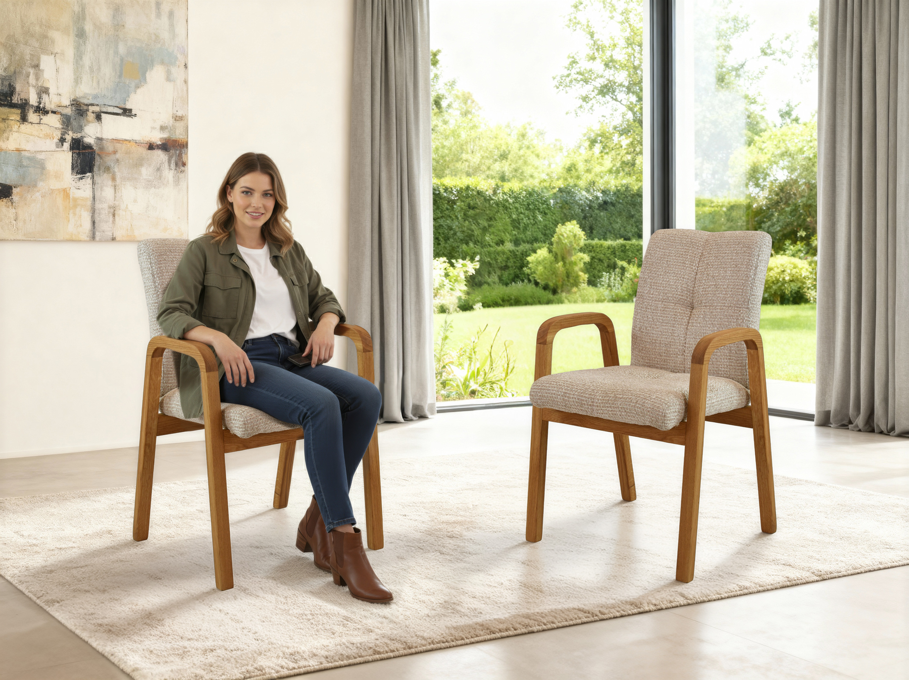 Dubová čalúnená stolička s područkami Ori