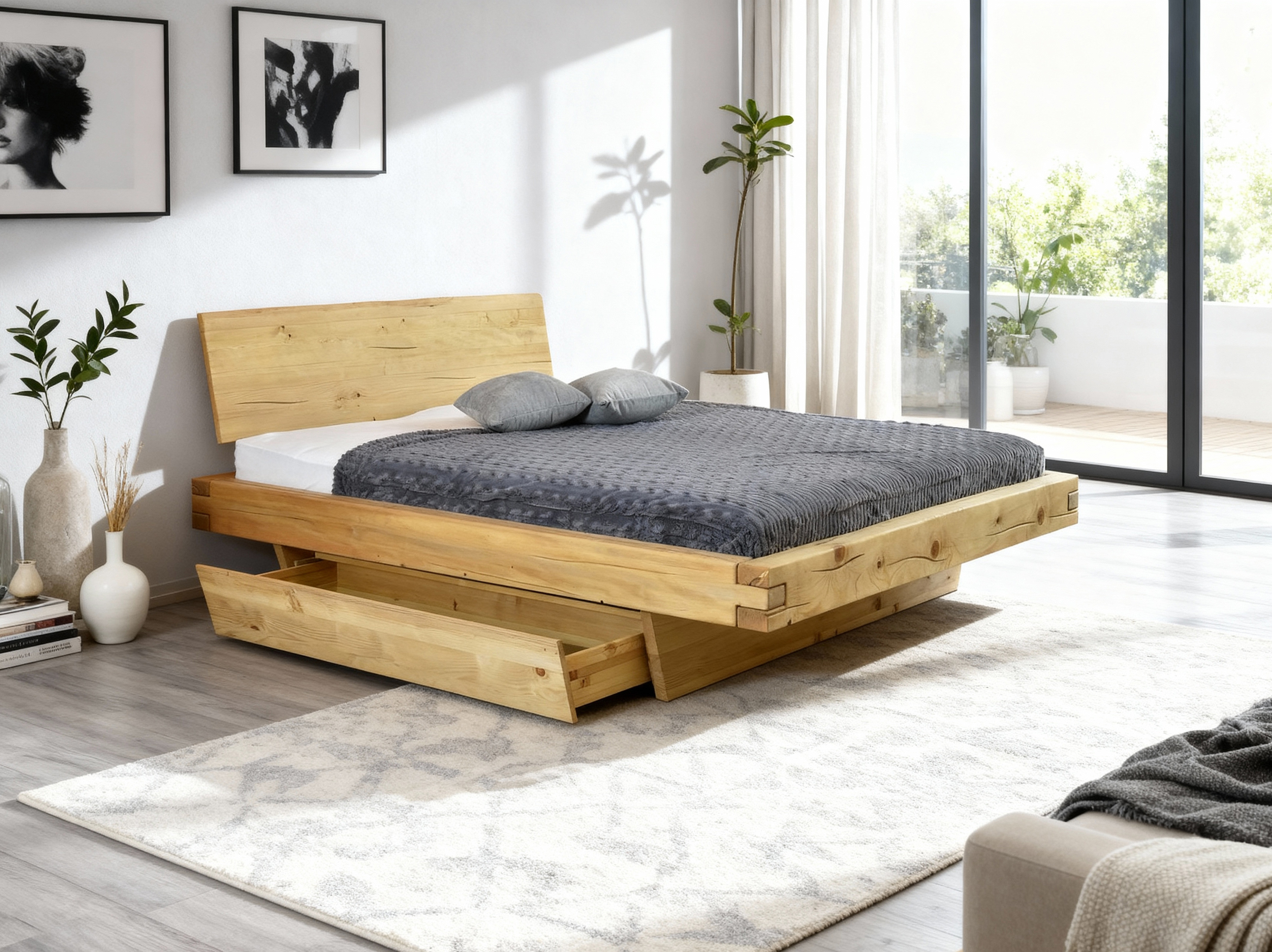 Massivholz-Bett aus Fichtenbalken