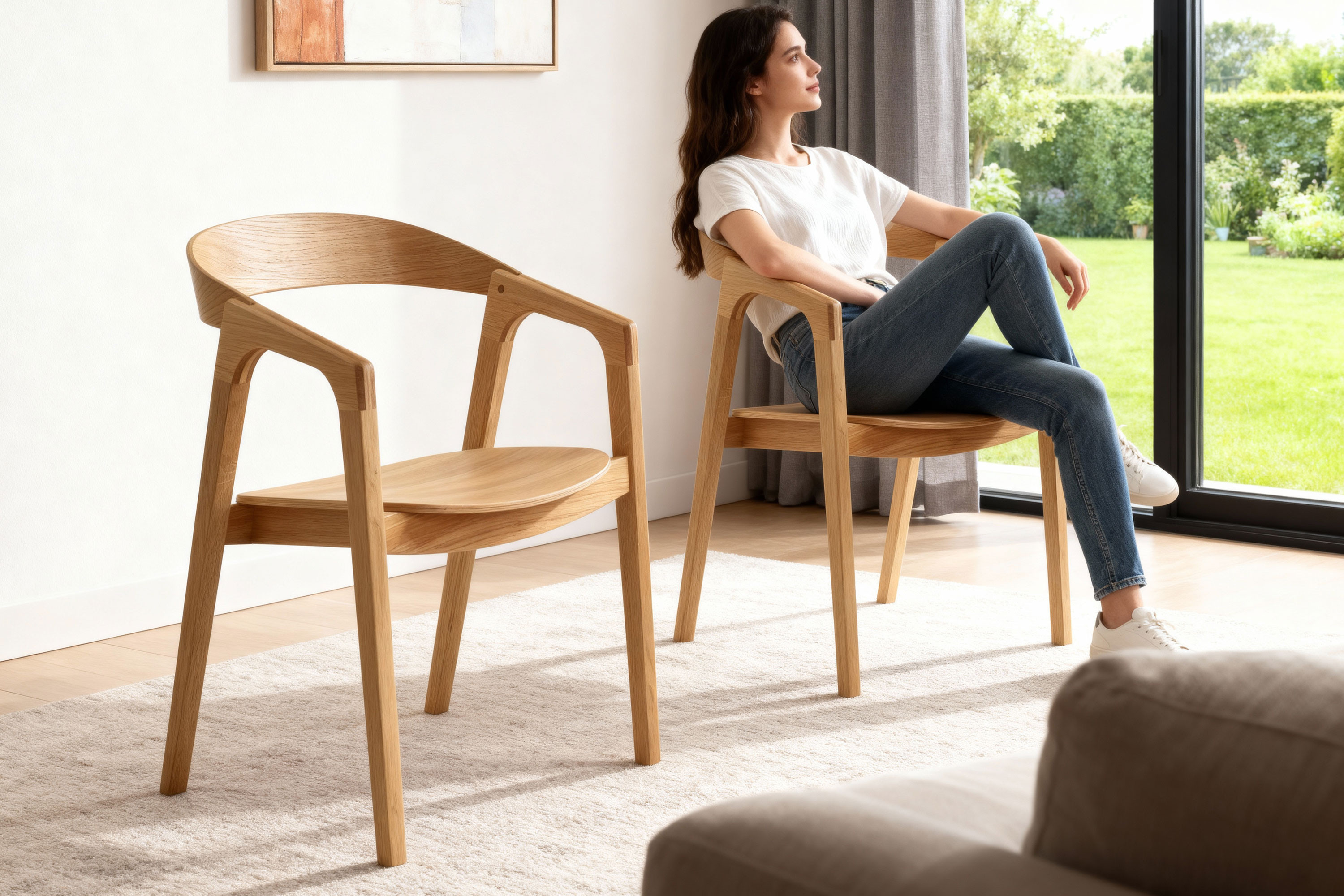 Masívny dubový stôl Robi a stoličky Brando v interiéri