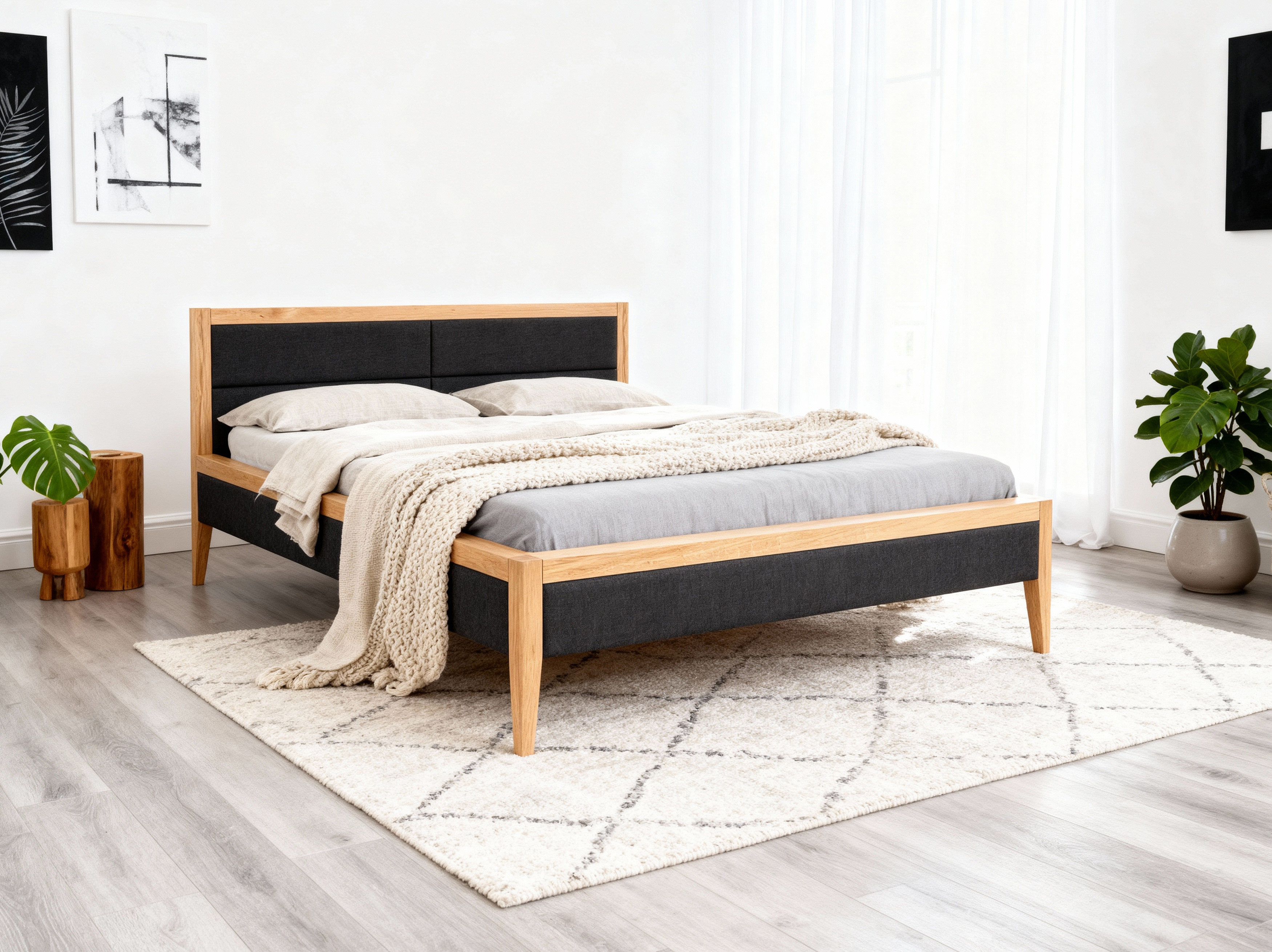 Eichenbett mit gepolstertem Kopfteil 180 x 200