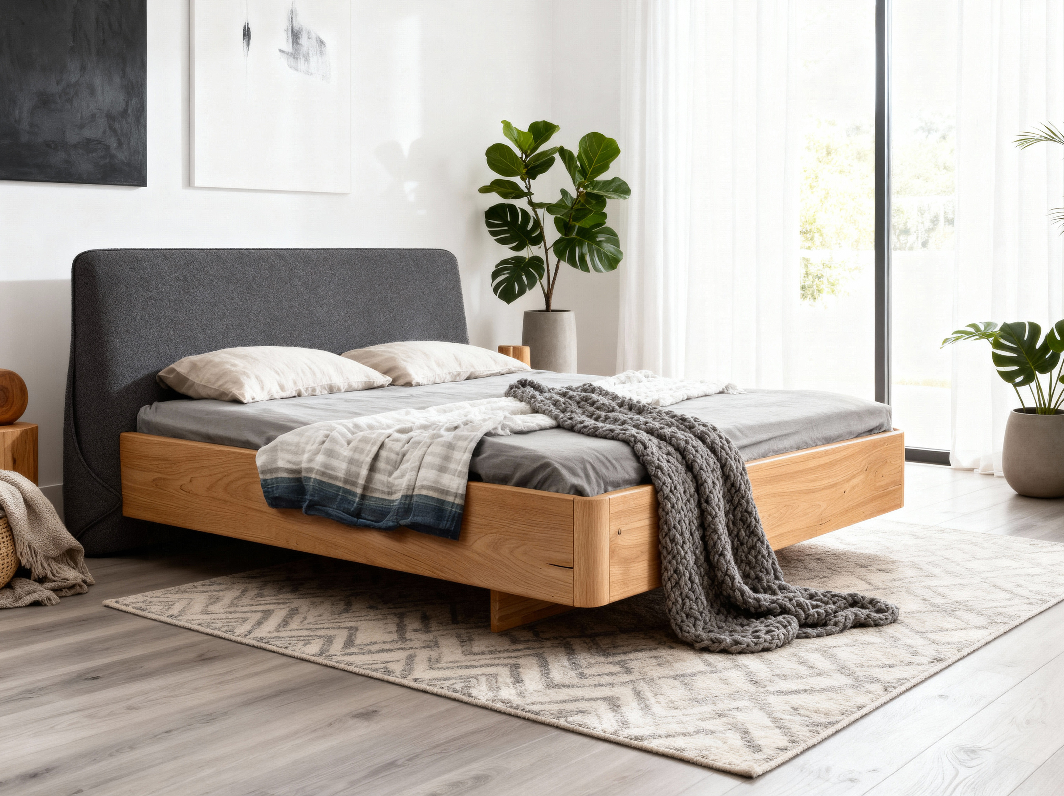 Eichebett mit gepolstertem Kopfteil 180 x 200