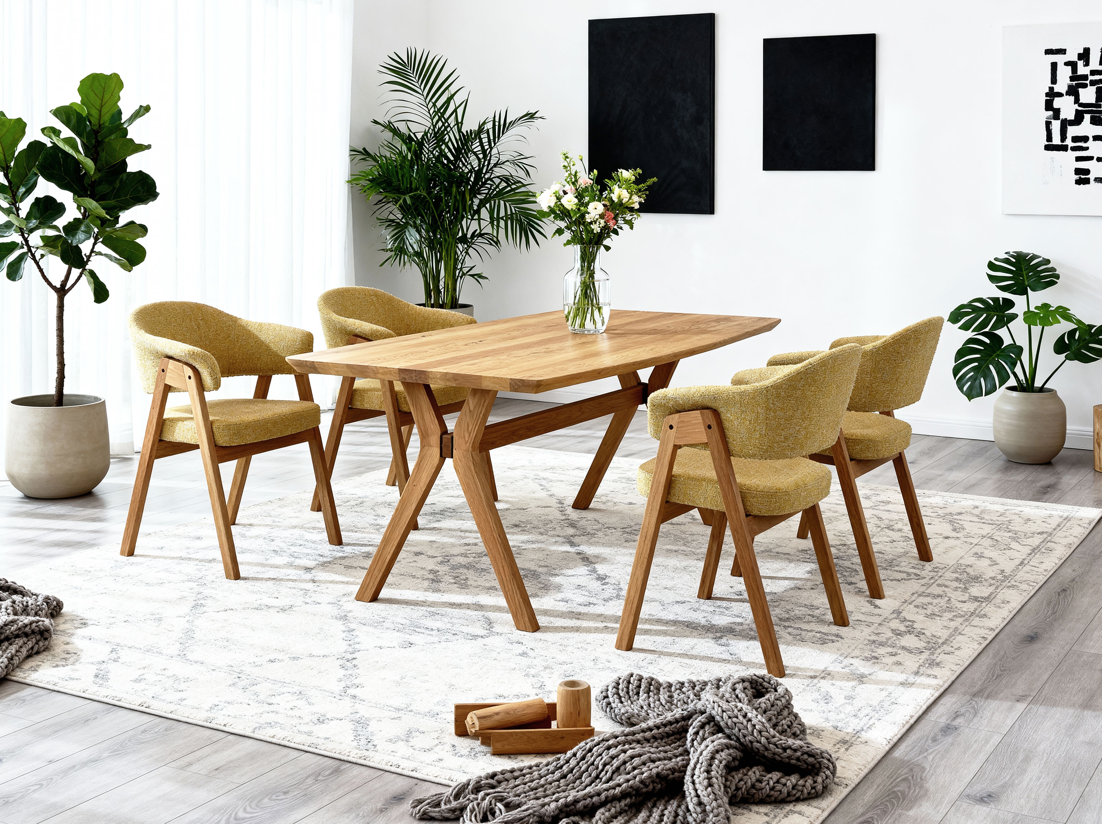 Ovalis tölgy étkezőasztal és sárga Mona szék