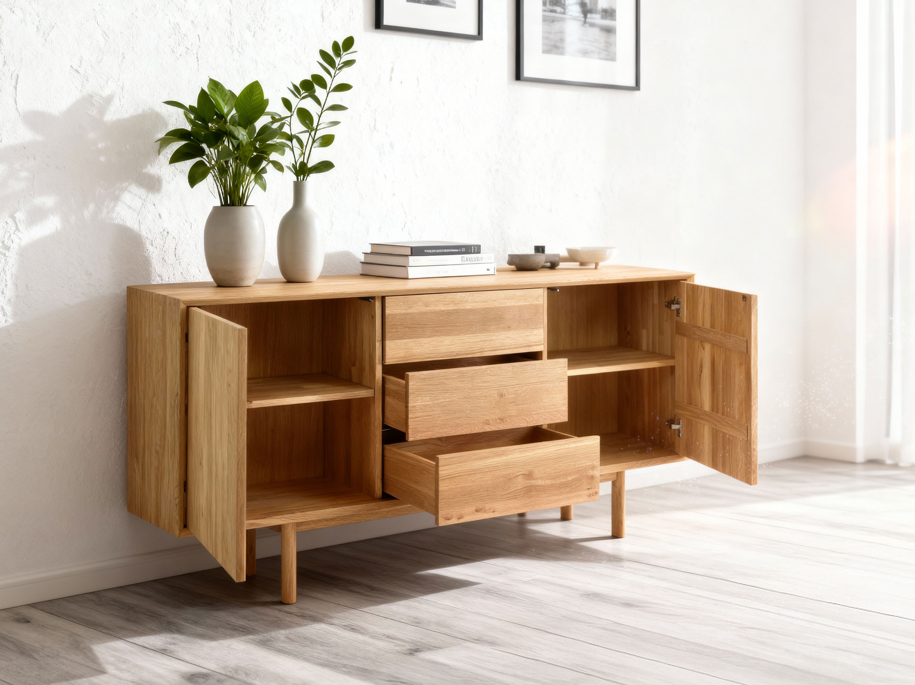 Massive Eichenkommode mit Füßen, Schubladen und Türen