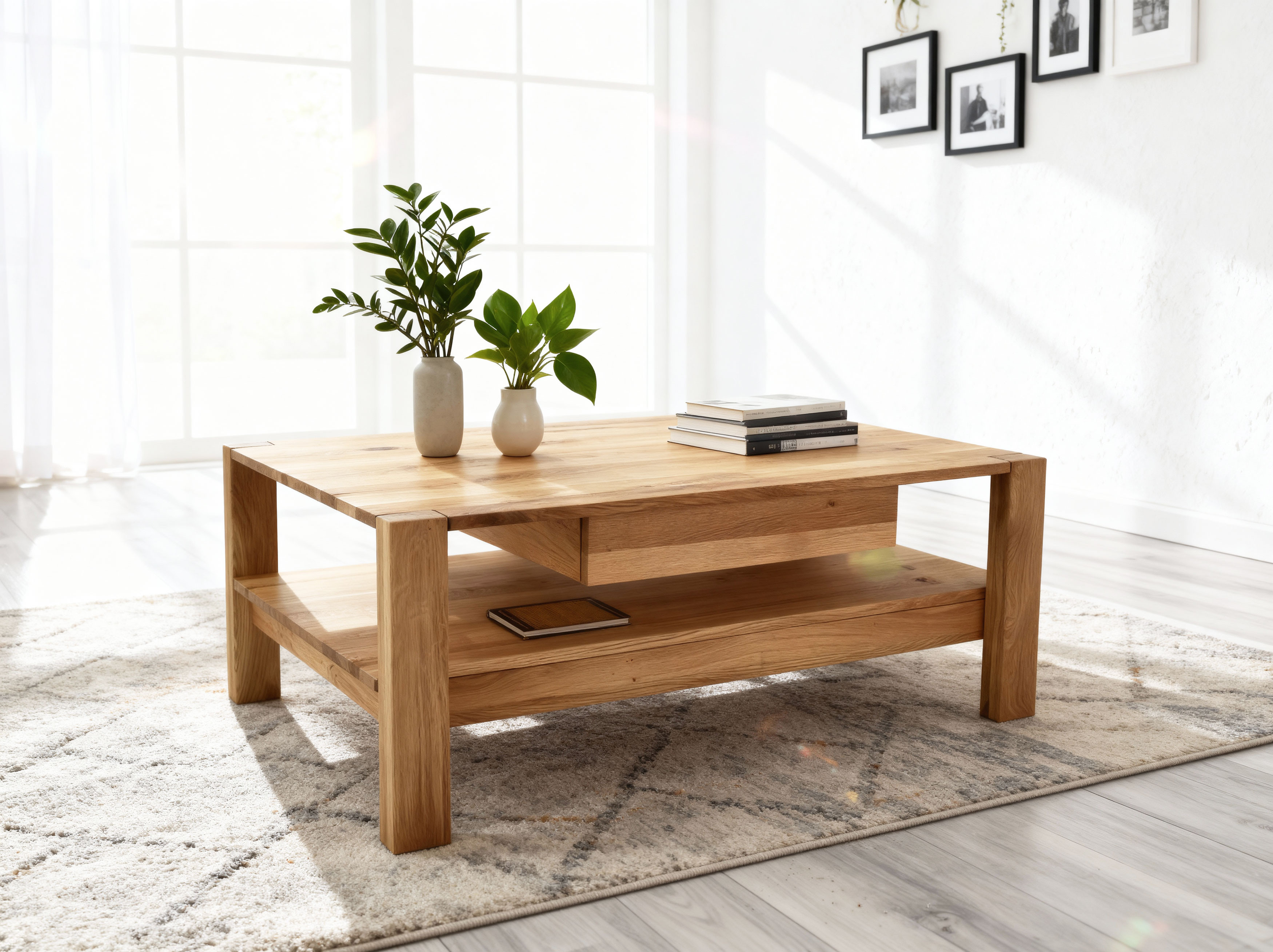 Massiver Eichenholz-Couchtisch mit Ablage Panama