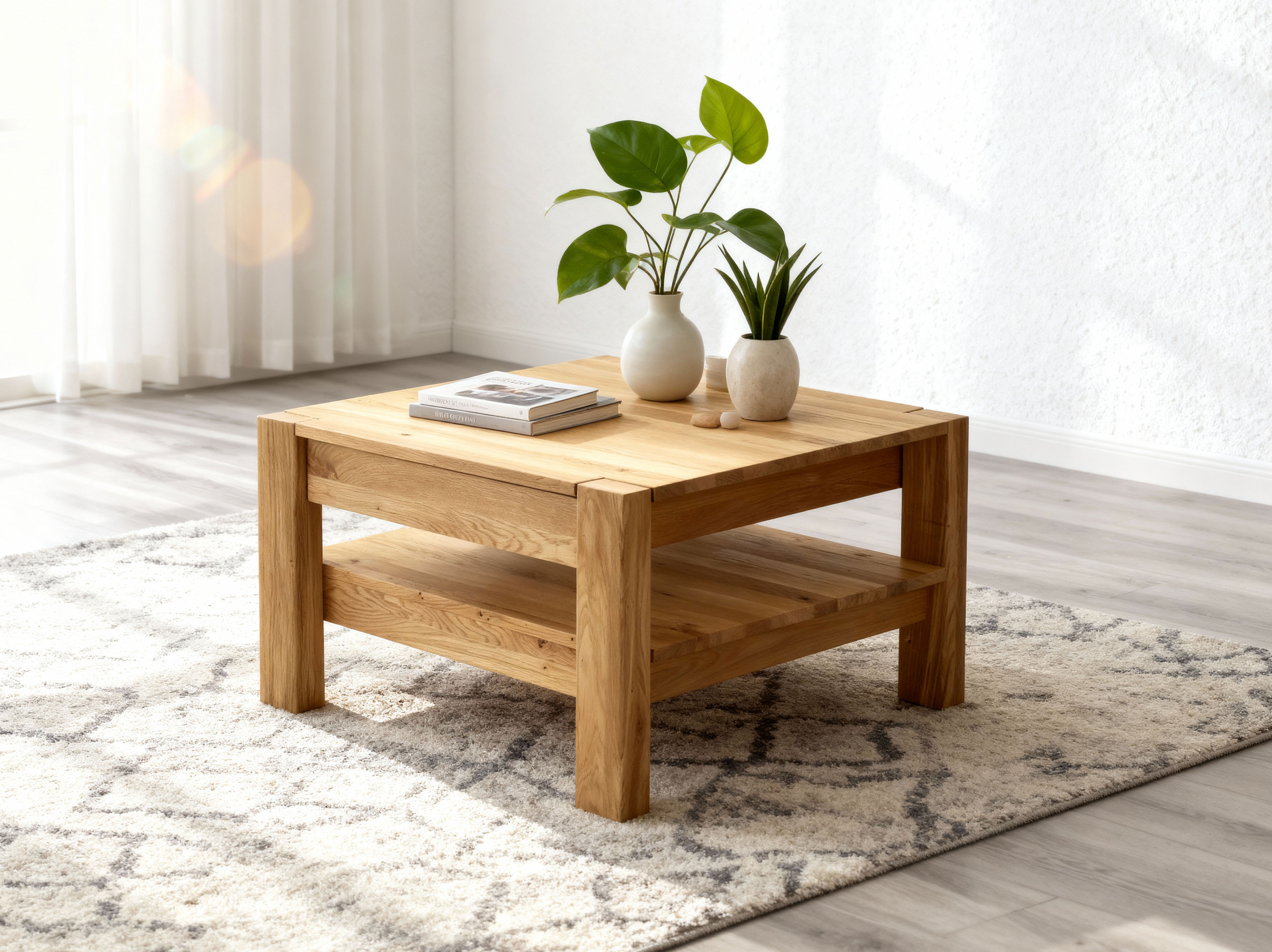 Massivholz Eichen-Couchtisch mit Ablage Panama 70 x 70 cm