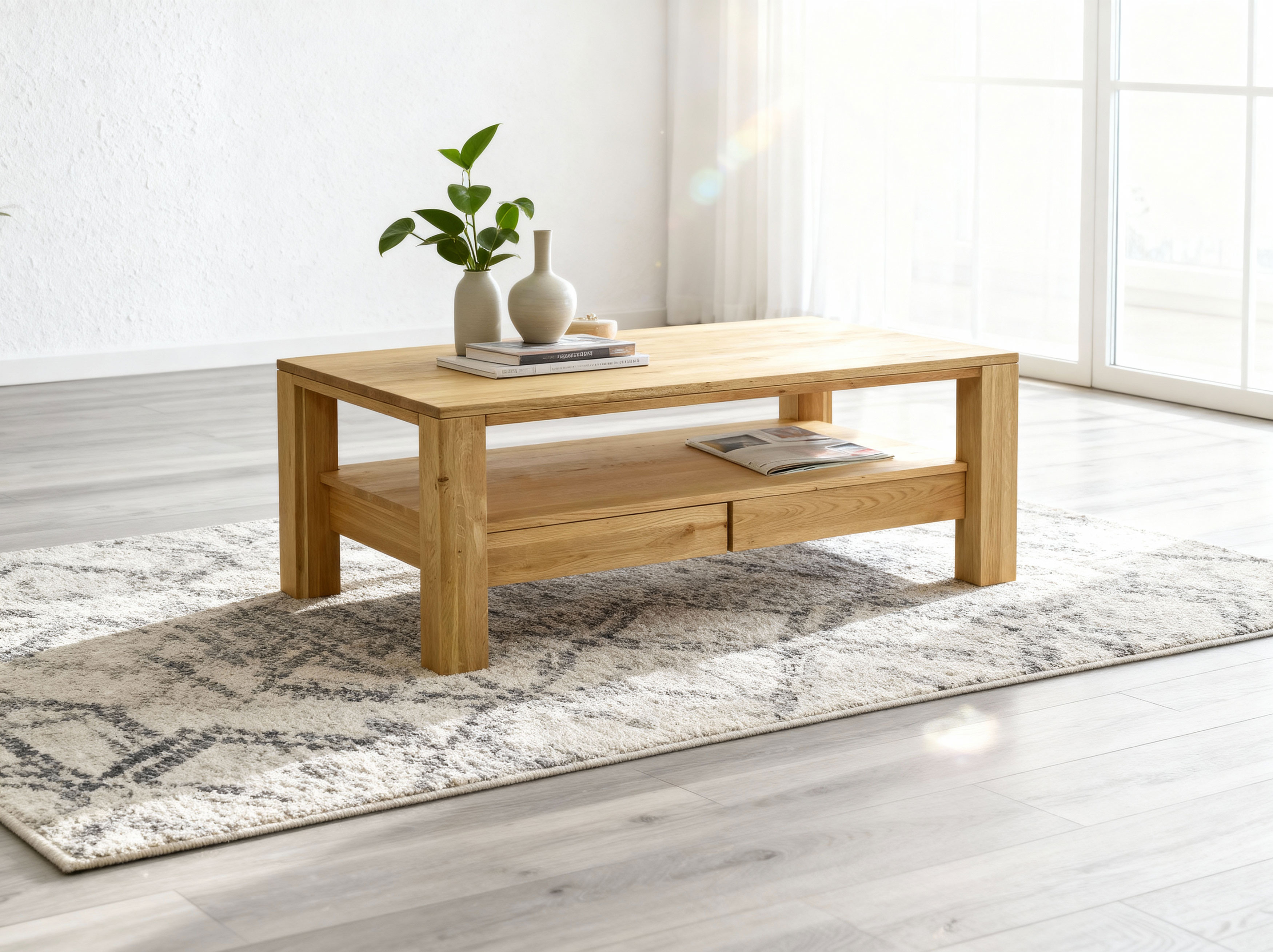 Holztisch aus Eiche mit Ablage, rechteckig 110 x 70 cm