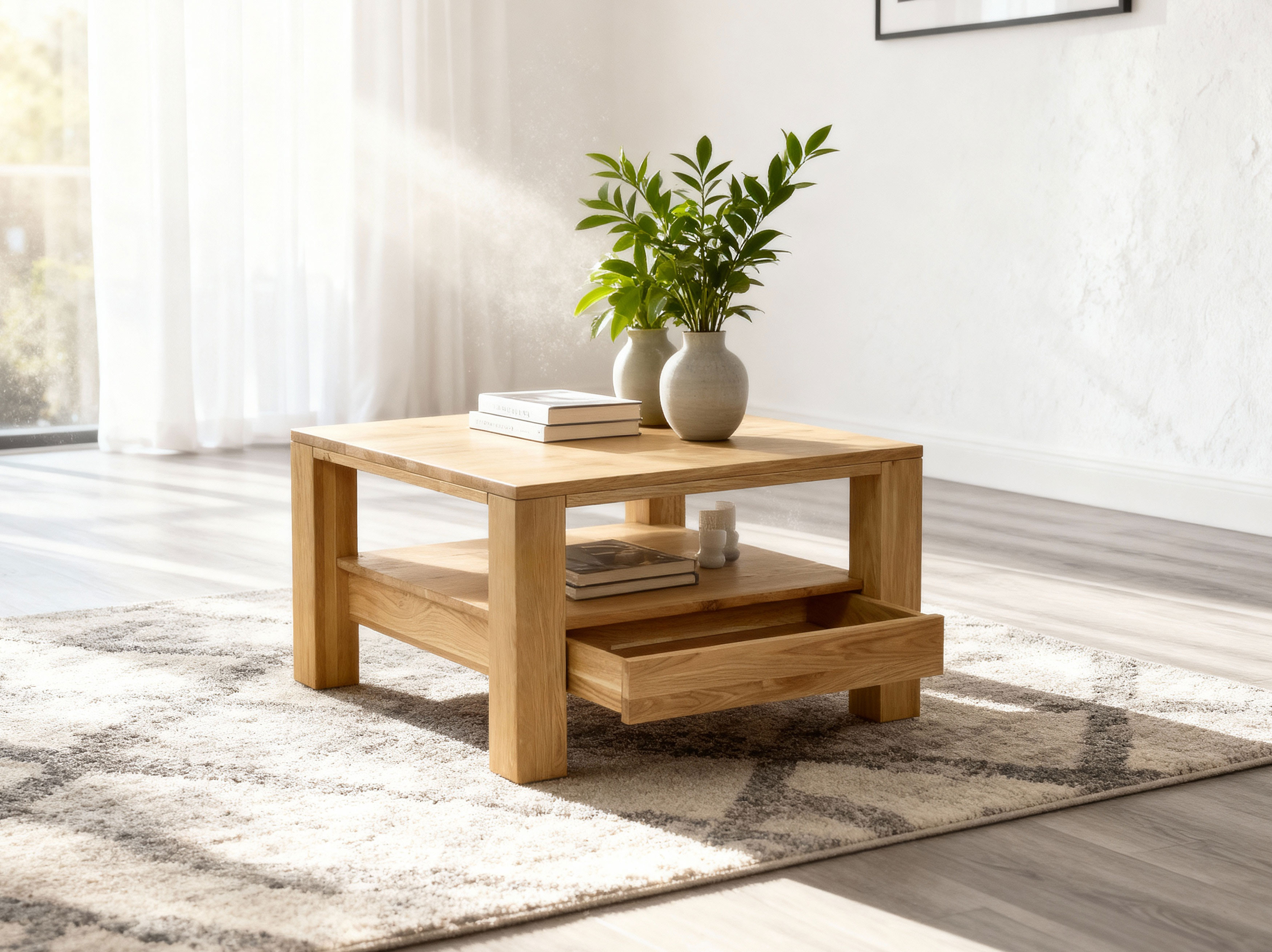 Massiver Eichenholz-Couchtisch Panama mit Ablage 70 x 70 cm